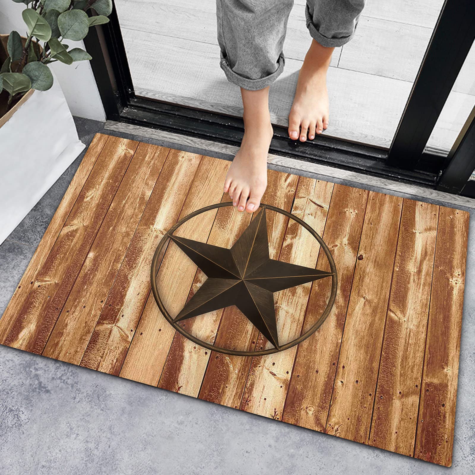 Absorbent Non-Slip Rubber Backing Indoor Doormat - Vintage Farmhouse Texas Western Star Design, Rustic Wood Plank Carpet for Bedroom, Bathroom & Entryway | Perfect for Western Home Decor, Front Door Protection & Cozy Interior Style