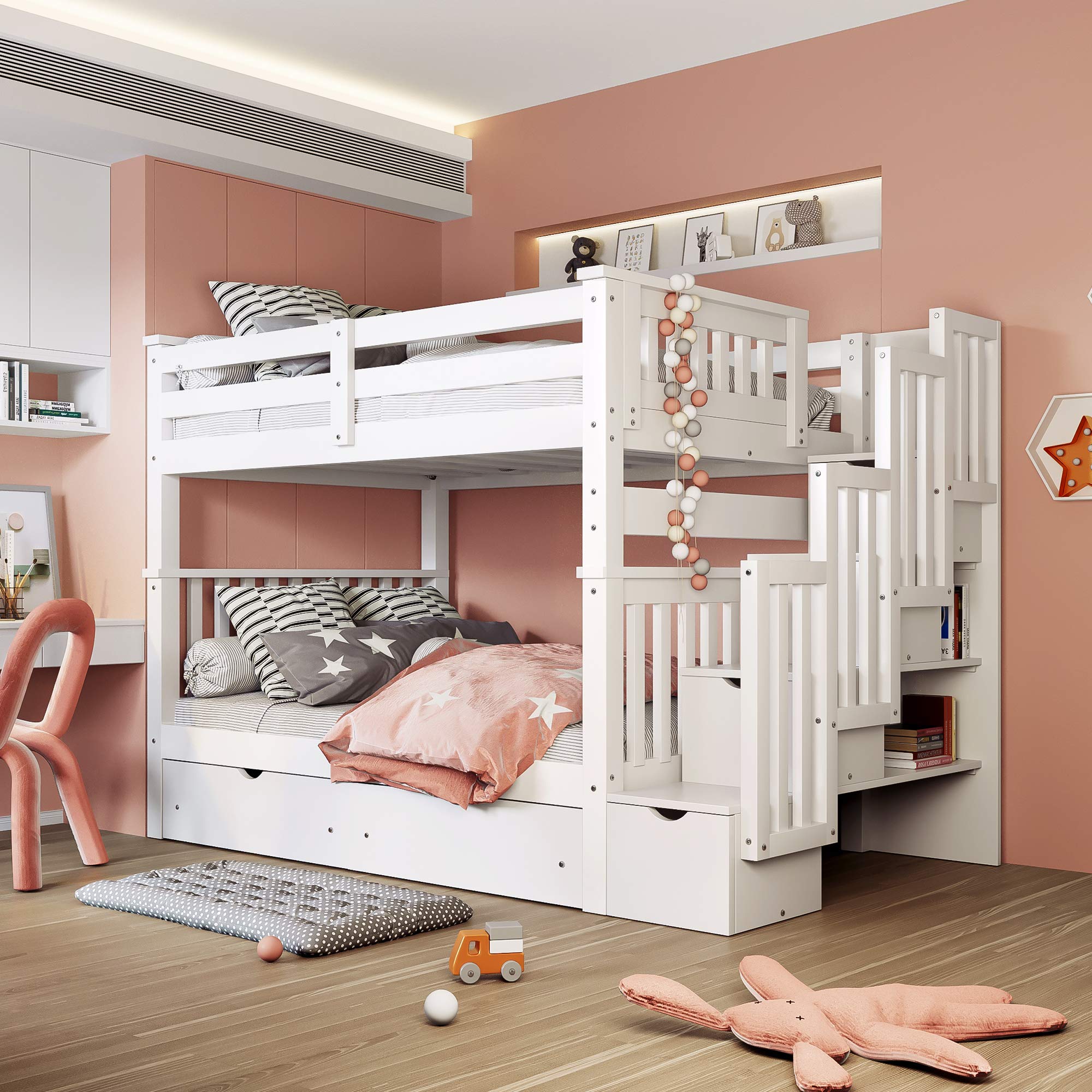 Merax Full Over Full Bunk Bed with Shelves & Stairway - Full Size Bunk Bed with 6 Storage Drawers for Kids & Teens Bedroom (White) - Space Saving Solution for Small Rooms, Guest Rooms & Vacation Homes