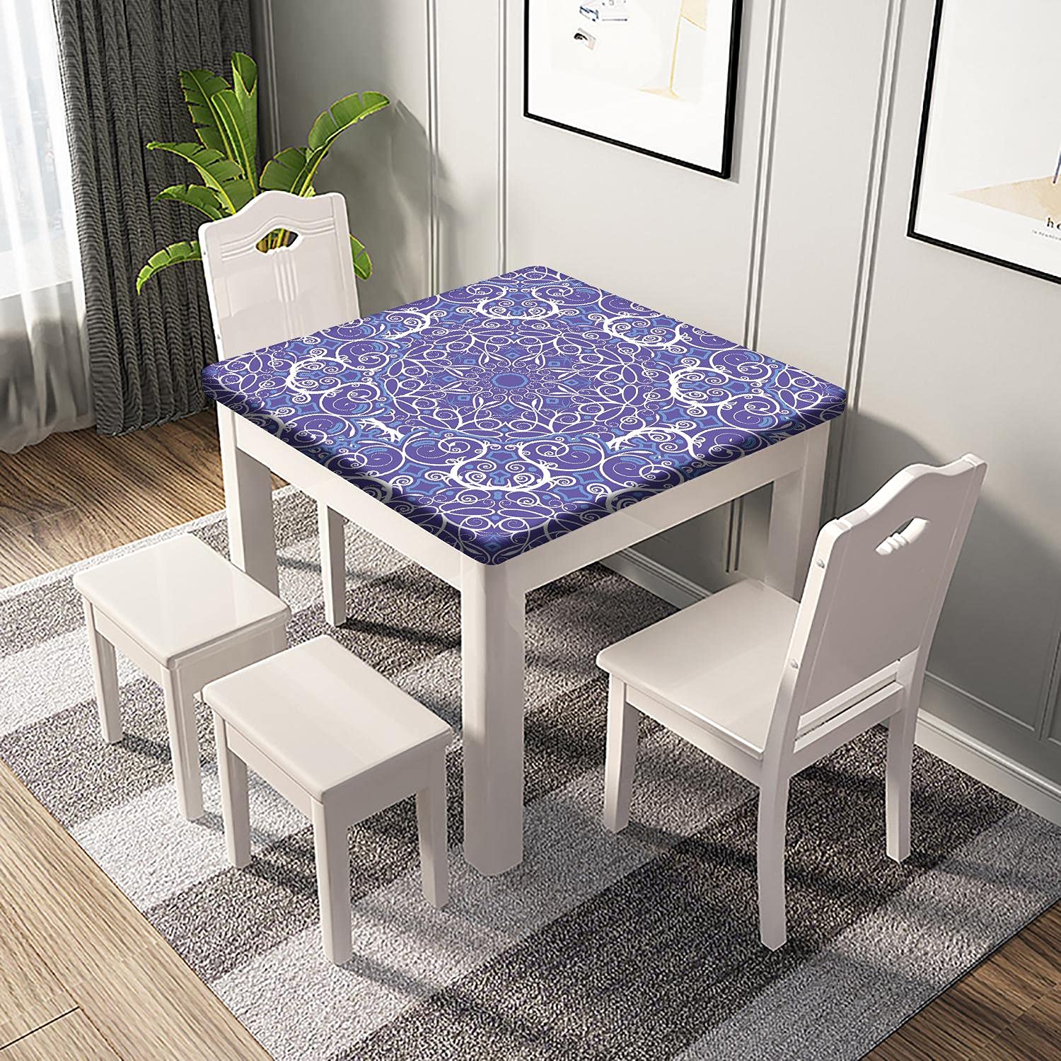 Mandala Purple Floral Elastic Edge Square Tablecloth – Washable & Erasable Polyester Table Cover for 42x42 Inch Tables – Perfect for Living Room, Garden, Patio & Family Dining Decor