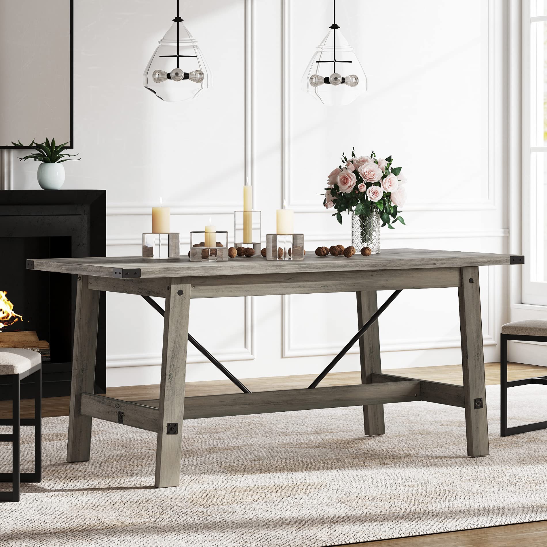 WAMPAT 4-6 Person Farmhouse Dining Table with Heavy Duty Wooden Legs, 67.7 Inch Rectangular Modern Wood Kitchen Table for Dining Room & Living Room, Rustic Grey - Perfect for Family Gatherings, Dinner Parties, and Cozy Meals