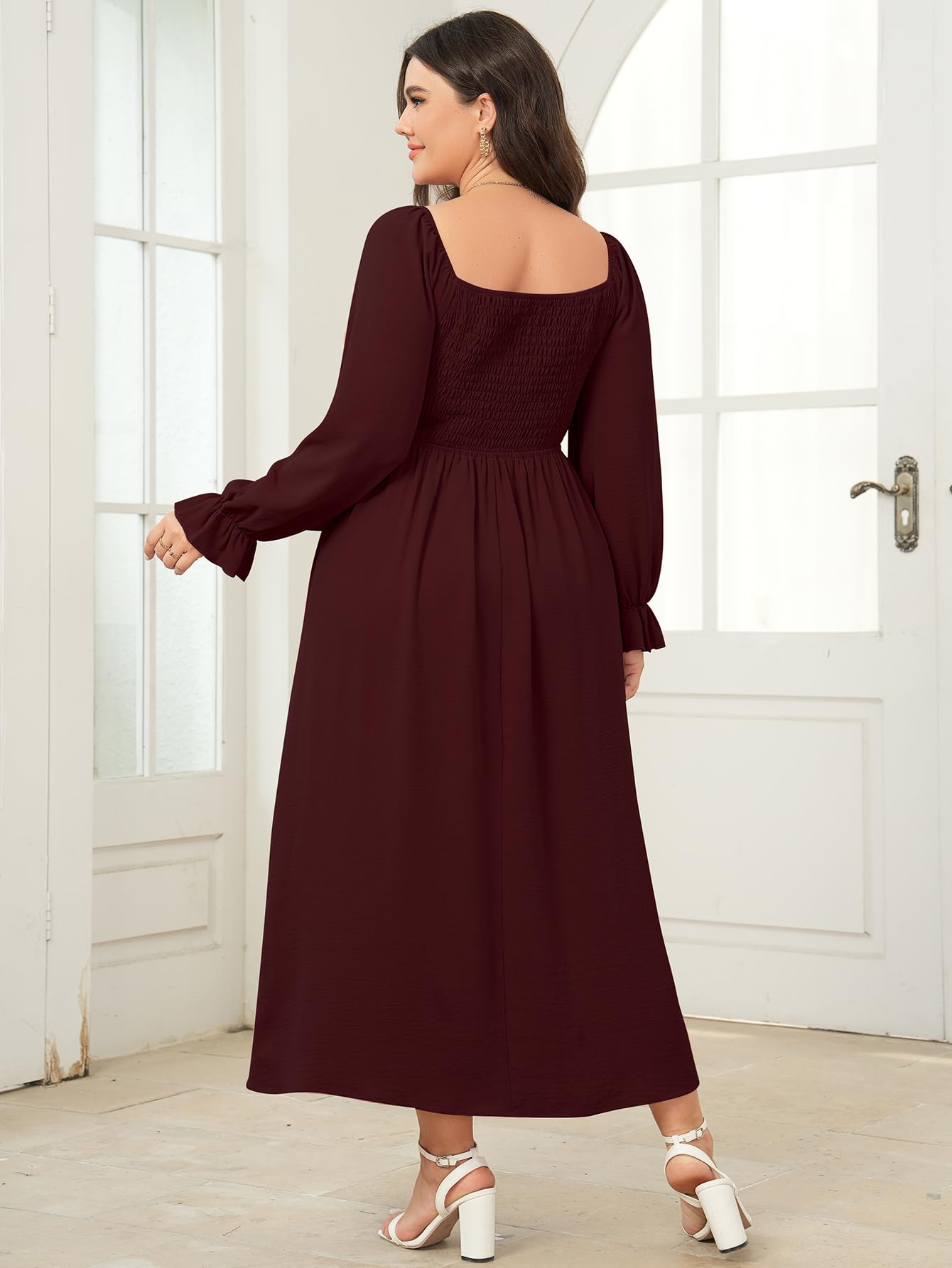 Plus Size Maxi Dress for Women - Long Sleeve Square Neck Smocked Flowy A-Line Boho Wedding Party Dress | Perfect for Beach Vacations, Bridal Showers & Summer Weddings