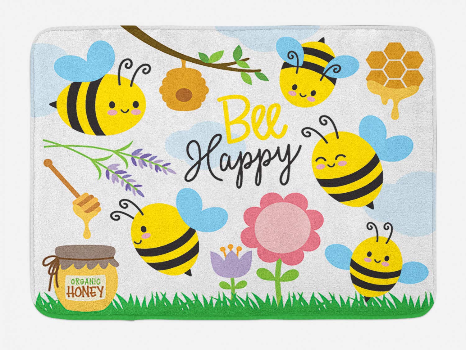 Ambesonne Honey Bee Bath Mat - Non-Slip Plush Bathroom Rug with Cartoon Bee & Flower Design, 30.2 x 20 Inches, Multicolor Mustard - Perfect for Spring Decor, Bee-Themed Bathrooms & Cozy Home Decor