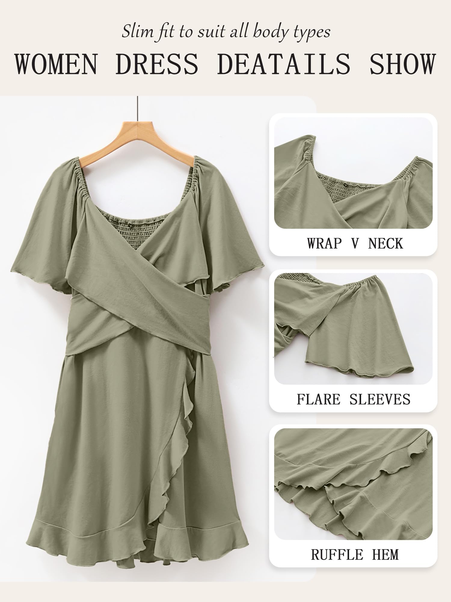 Caracilia Women's Summer Wrap Mini Dress - Casual V Neck Short Sleeve Ruffle Hem Cocktail Dress for Wedding Guest, Beach Party & Date Night