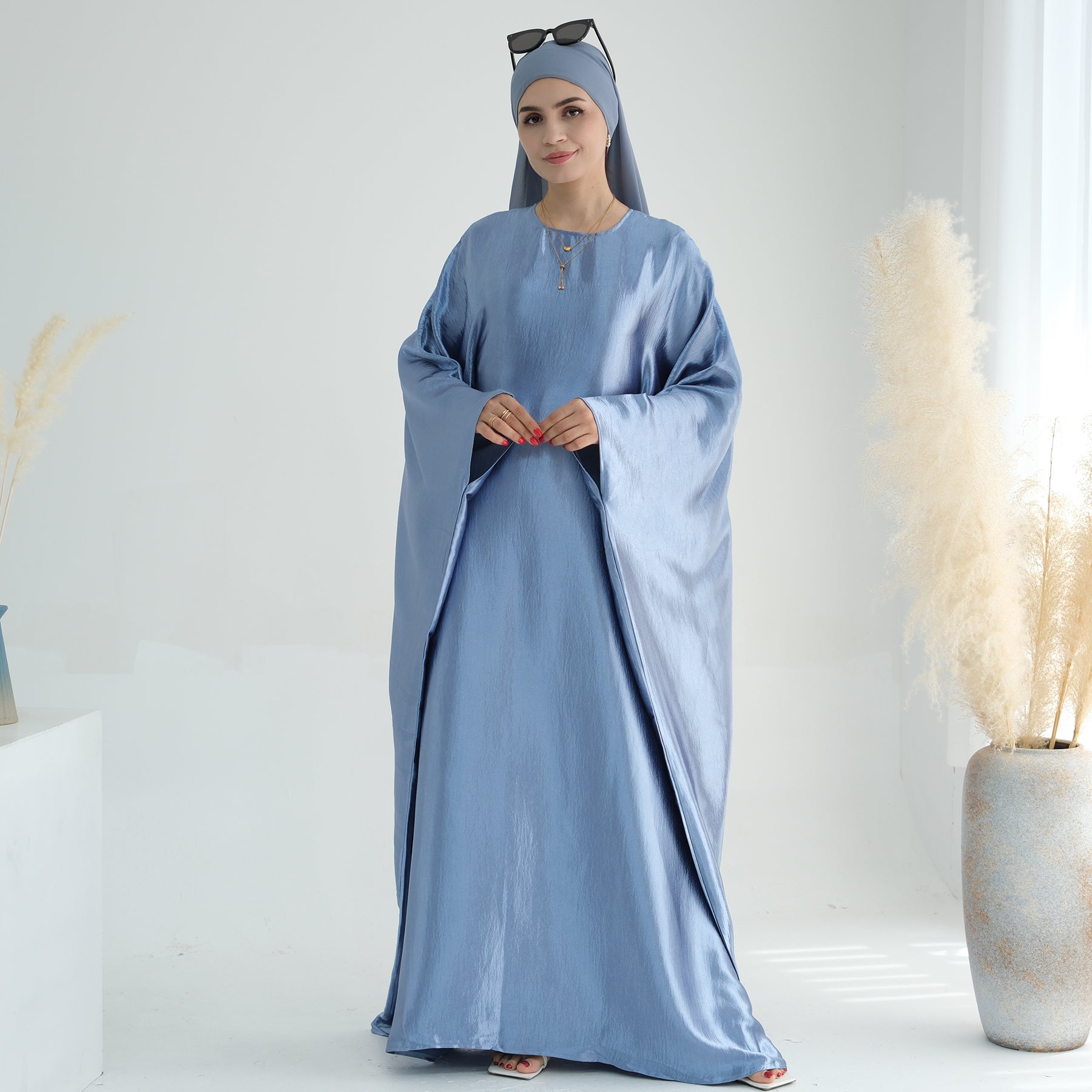 Elegant Blue Butterfly Satin Abaya Dress for Women - Modest Islamic Prayer Dress & Special Occasion Wear