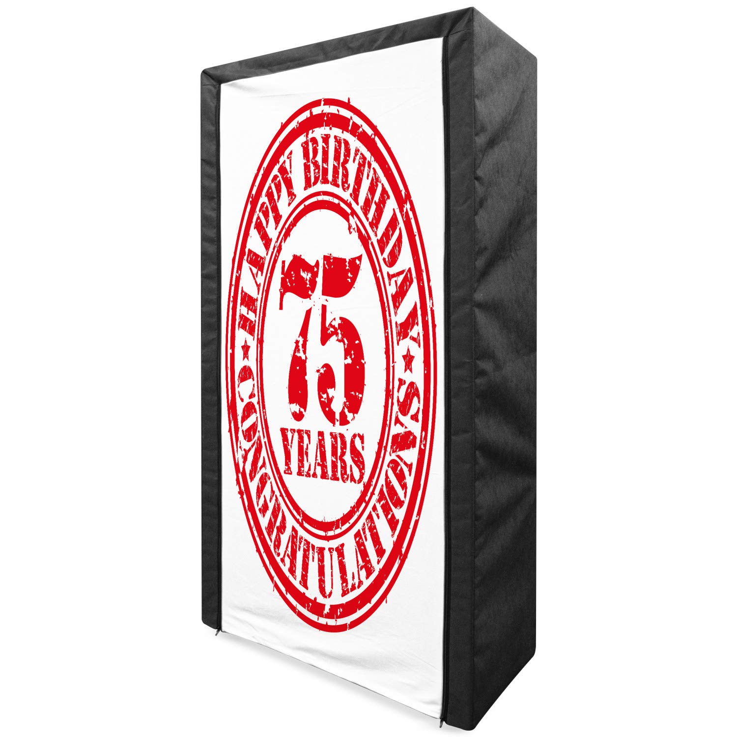 Ambesonne 75th Birthday Portable Fabric Wardrobe - Vintage Grunge Rubber Stamp Design with Congratulations Theme - 33.5 Inch Clothing Organizer & Storage Closet with Shelves in Red & White - Perfect for Birthday Parties, Home Organization & Gift Giving