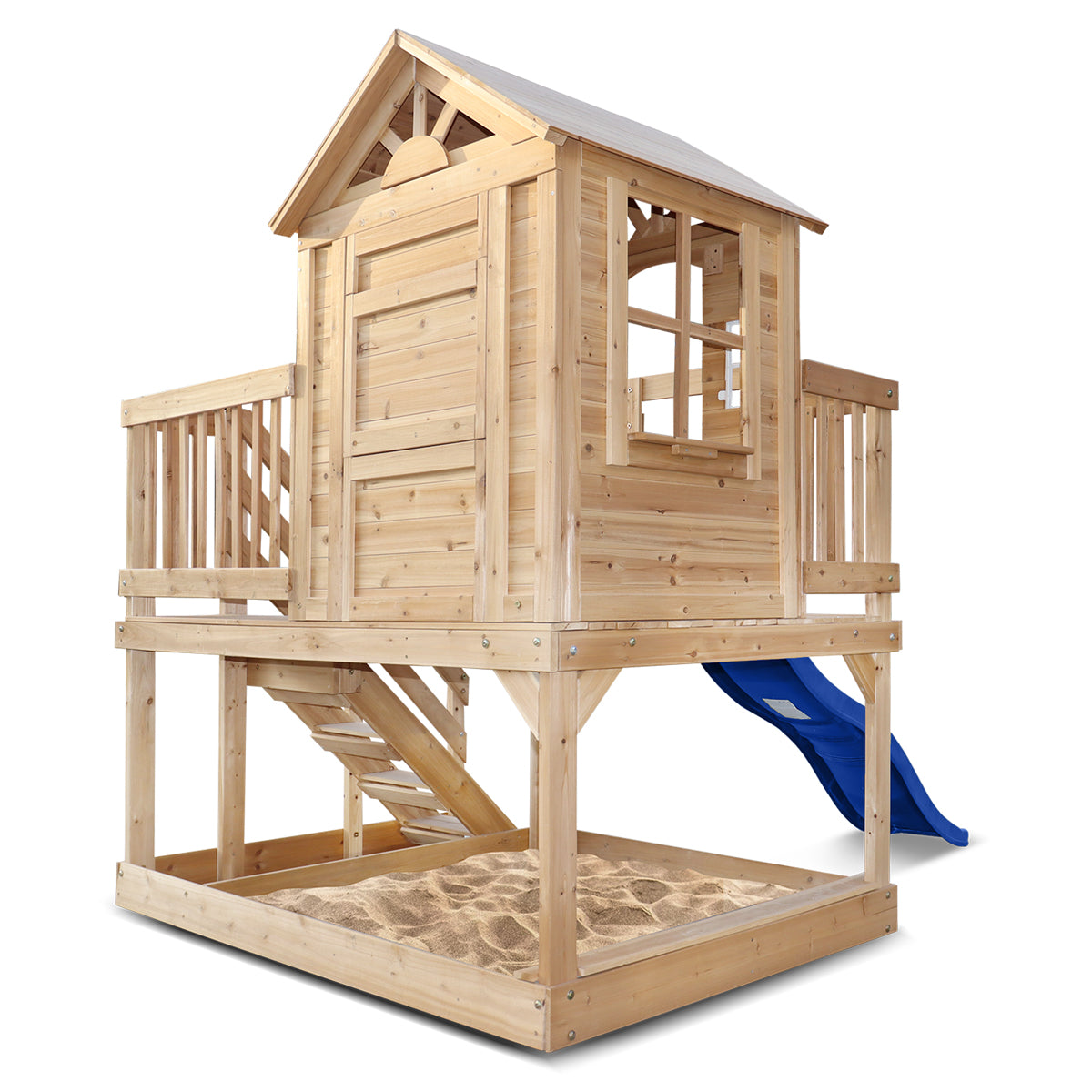 Silverton Wooden Cubby House with 1.8m Blue Slide - Outdoor Playhouse for Kids Backyard, Garden & Playground Fun