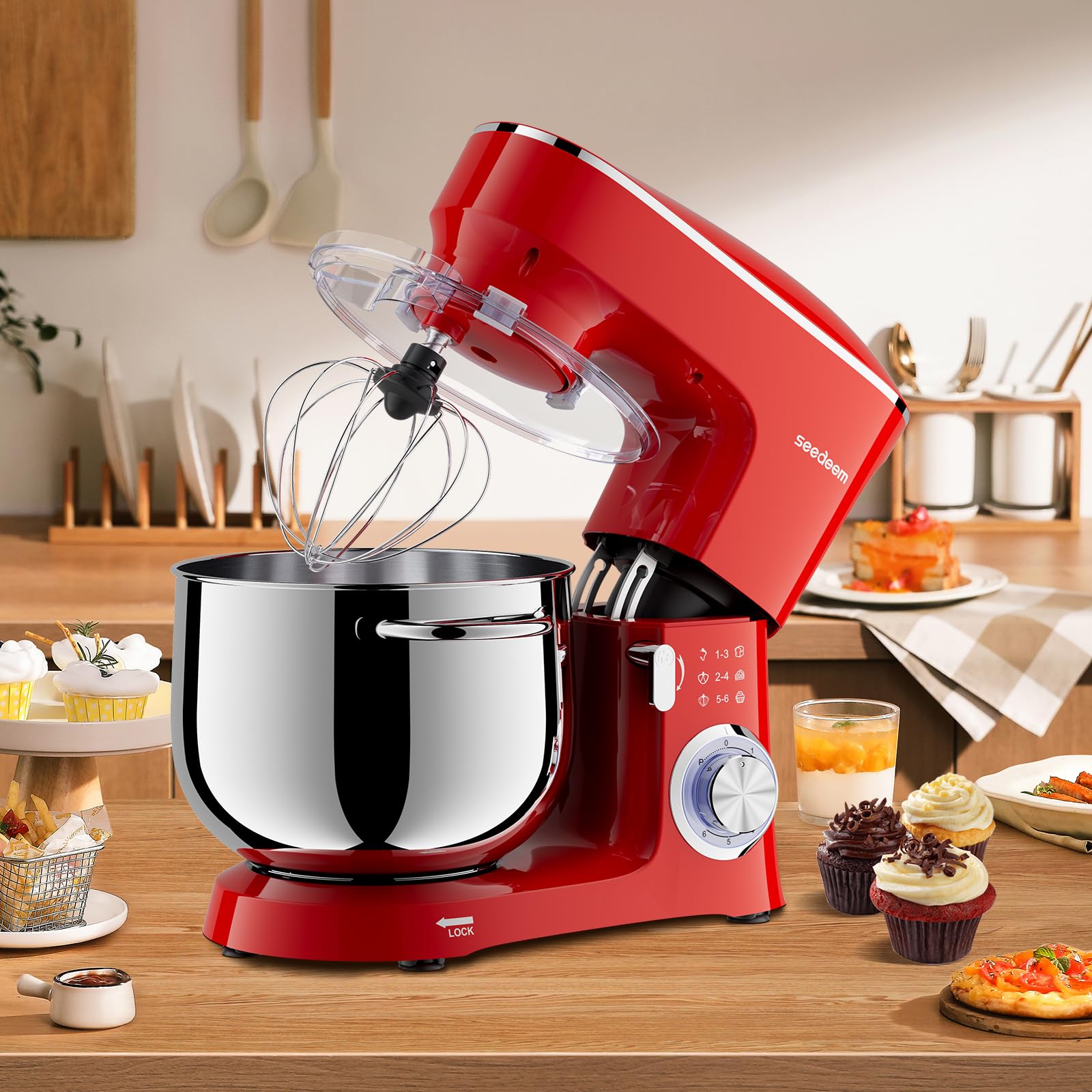 SEEDEEM 8.5 Qt Stand Mixer - 660W Powerful 6-Speed Tilt-Head Electric Kitchen Mixer with Dishwasher-Safe Dough Hook, Wire Whip & Beater - Perfect for Baking Bread, Cookies, Cakes & More - Red