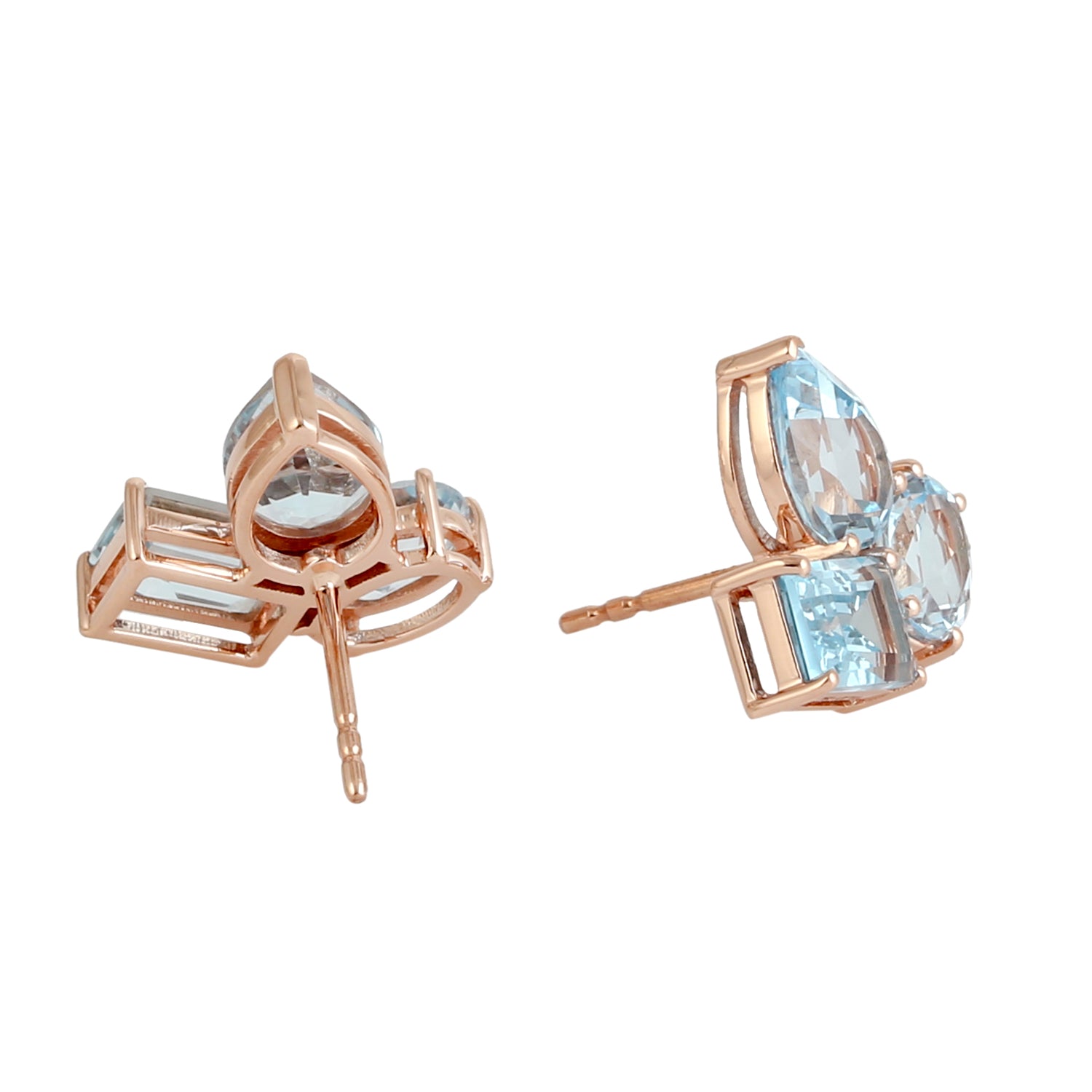Blue Topaz Three Stone Stud Earrings in 18K Rose Gold - Elegant Jewelry for Women, Perfect for Weddings, Anniversaries & Special Occasions