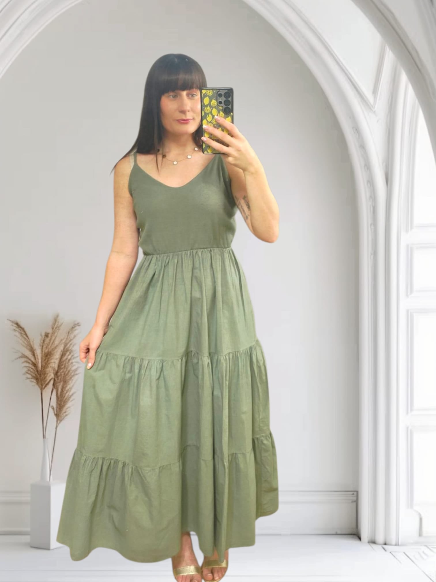 Dominique Tiered Maxi Dress in Khaki - Elegant Flowy Summer Dress for Women, Perfect for Beach Vacations, Weddings & Casual Outings