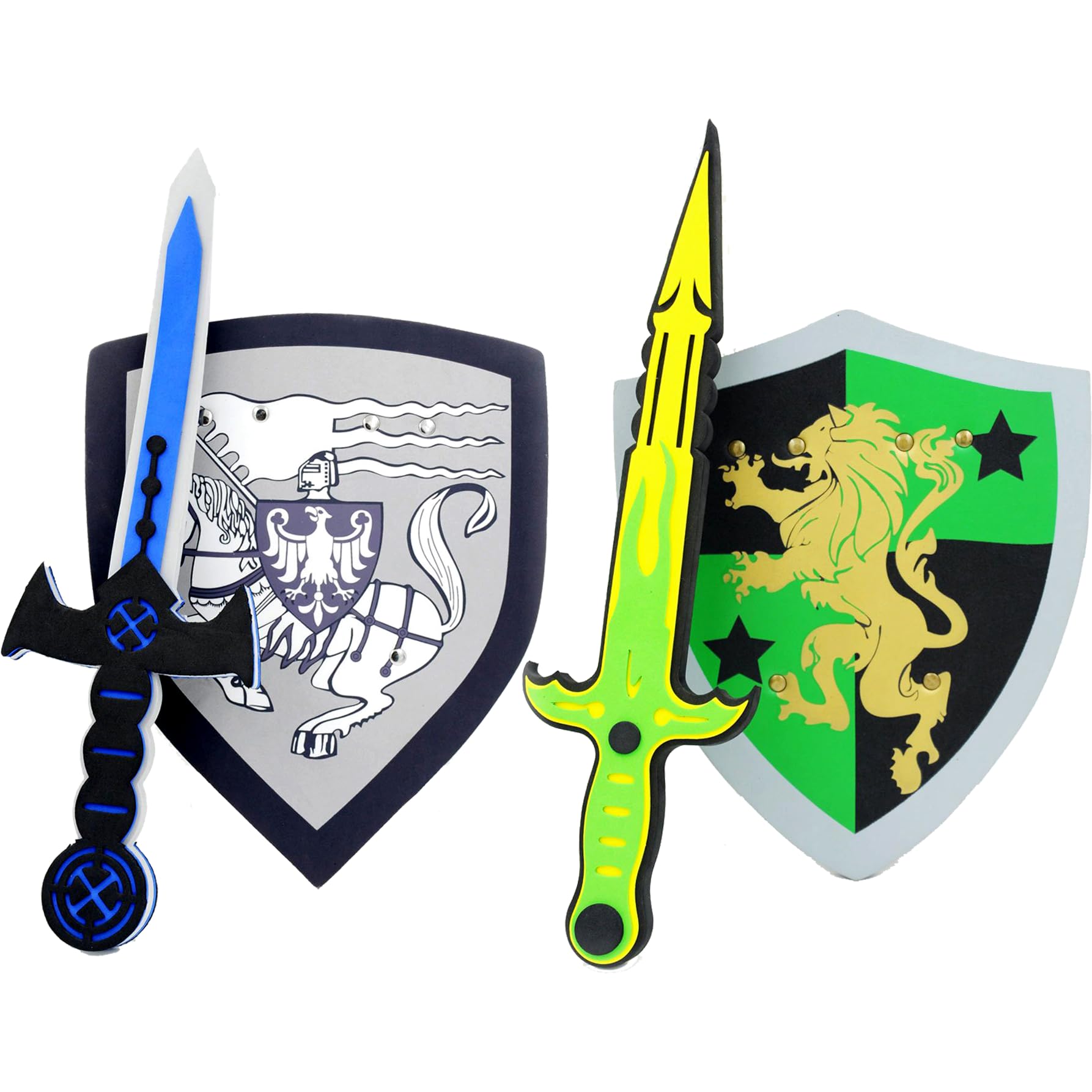 PowerTRC Foam Sword and Shield Play Set for Kids - Medieval Knight Role Play with White Eagle & Golden Lion Shields - Safe Foam Weapons for Pretend Battles & Fantasy Adventures - Perfect for Birthday Gifts, Costume Parties & Outdoor Play