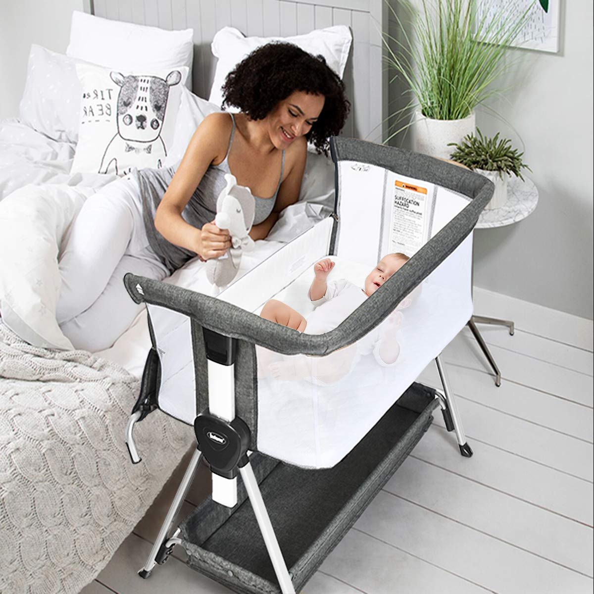 INFANS Baby Bassinet Bedside Crib - Adjustable Newborn Sleeper with Large Storage Basket, Breathable Mesh & Washable Mattress - Portable Bedside Crib for Nursery, Bedroom & Travel (Dark Grey)