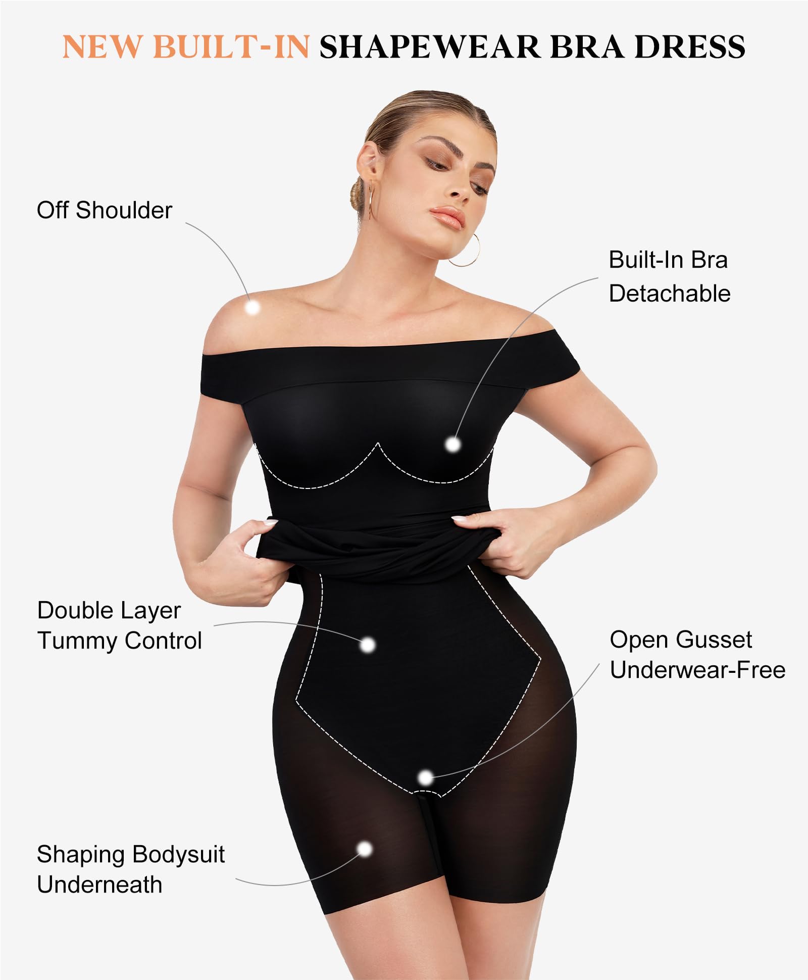 Popilush Women's Shapewear Cocktail Dress - Black Off-The-Shoulder Short Sleeve Bodycon Midi Dress for Wedding Guest, Party & Special Occasions | Slimming & Comfortable Formal Wear