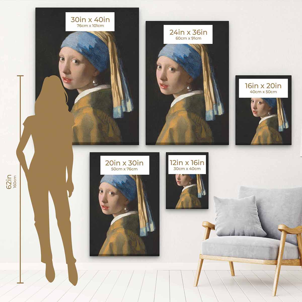 Brown Girl with a Pearl Earring Canvas Wall Art Print - 16x20 Inch Famous Painting Reproduction for Living Room, Bedroom & Office Decor