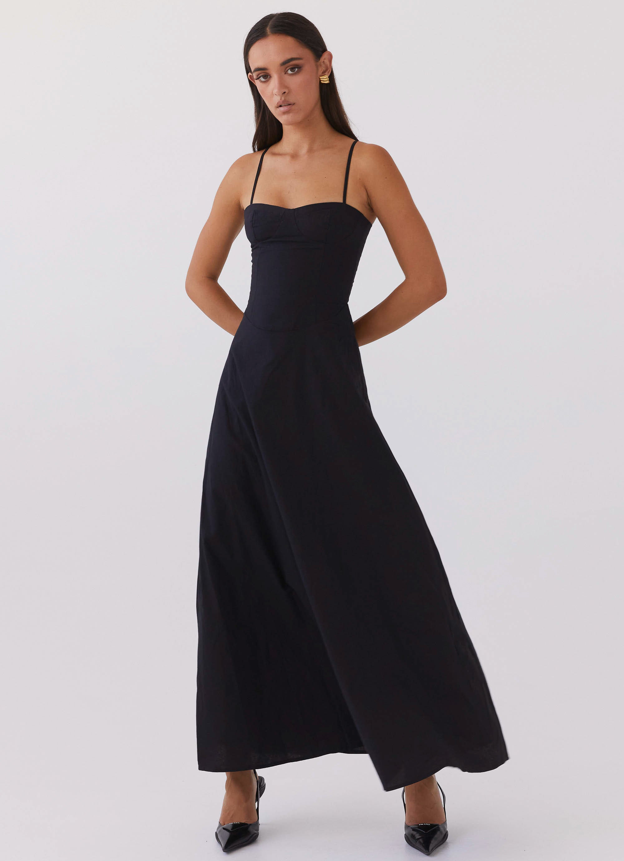 Angelina Linen Maxi Dress for Women - Flowy Summer Long Dress in Black | Beach Wedding, Vacation & Casual Wear