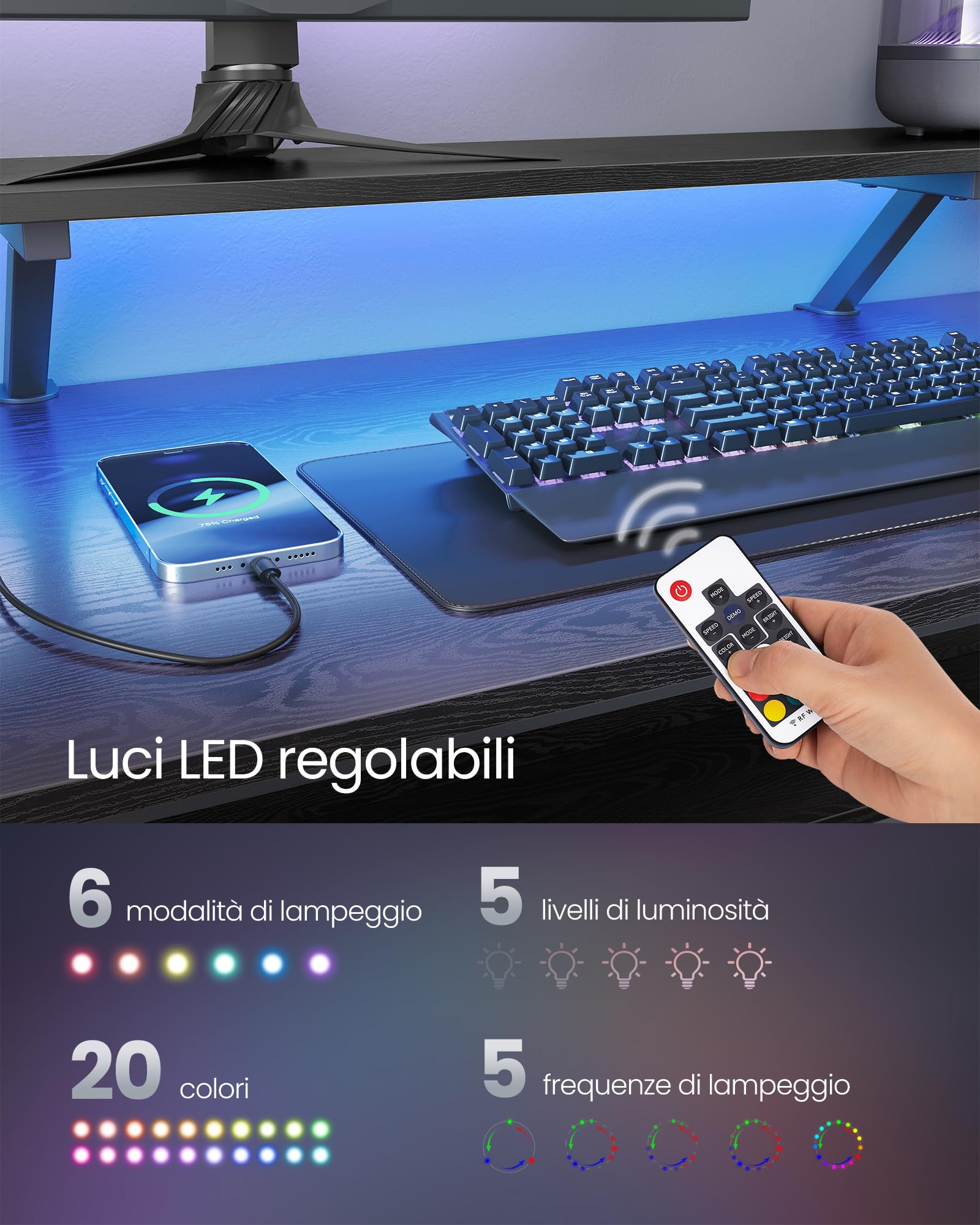 VASAGLE L-Shaped Gaming Desk with Power Outlets, USB Ports & LED Lights - Corner Computer Desk with Monitor Stand, 2 Drawers - Black Ebano LWD095B01 - Perfect for Home Office, Gaming Setup & Small Spaces