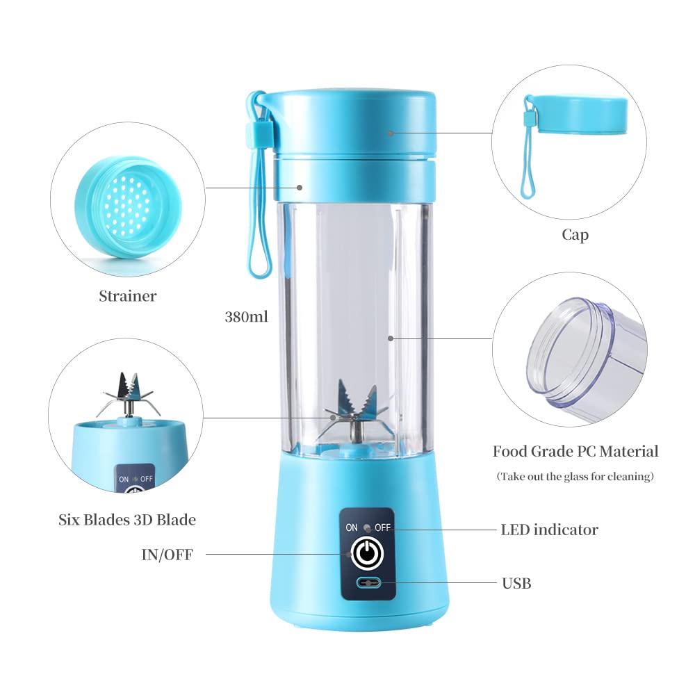 Portable USB Electric Blender Cup - 380ml Mini Blender for Smoothies, Juices & Shakes with 6 Blades | Perfect for Gym, Travel & Office (Blue)