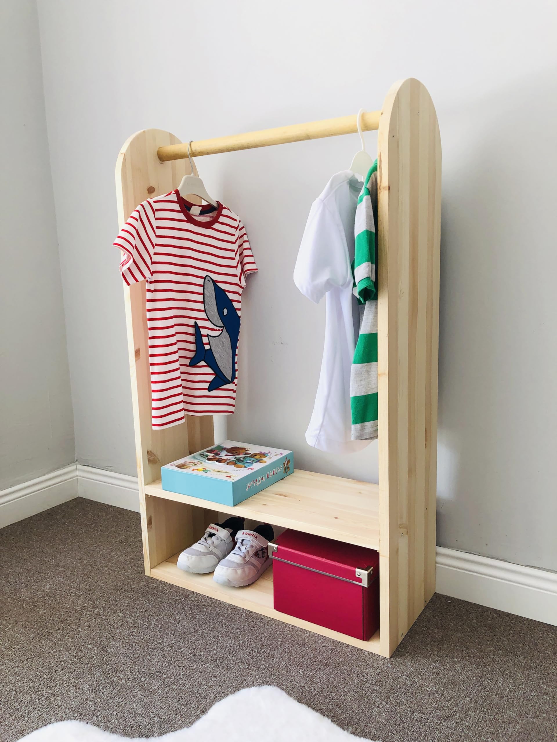 Montessori Dress Up Clothes Storage for Girls - Handmade Solid Pine Wood Wardrobe with Hanging Rod - Kids Clothing Rack & Toddler Garment Organizer for Bedroom - Perfect for Pretend Play & Nursery Organization