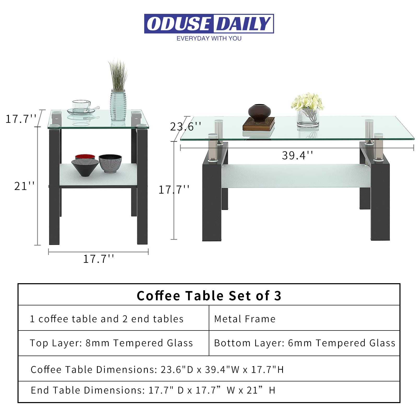 3-Piece Glass Coffee Table Set with Black Metal Legs & Clear Tempered Glass - Modern Living Room Furniture for Home Decor, Office, Lounge & Entertainment Spaces