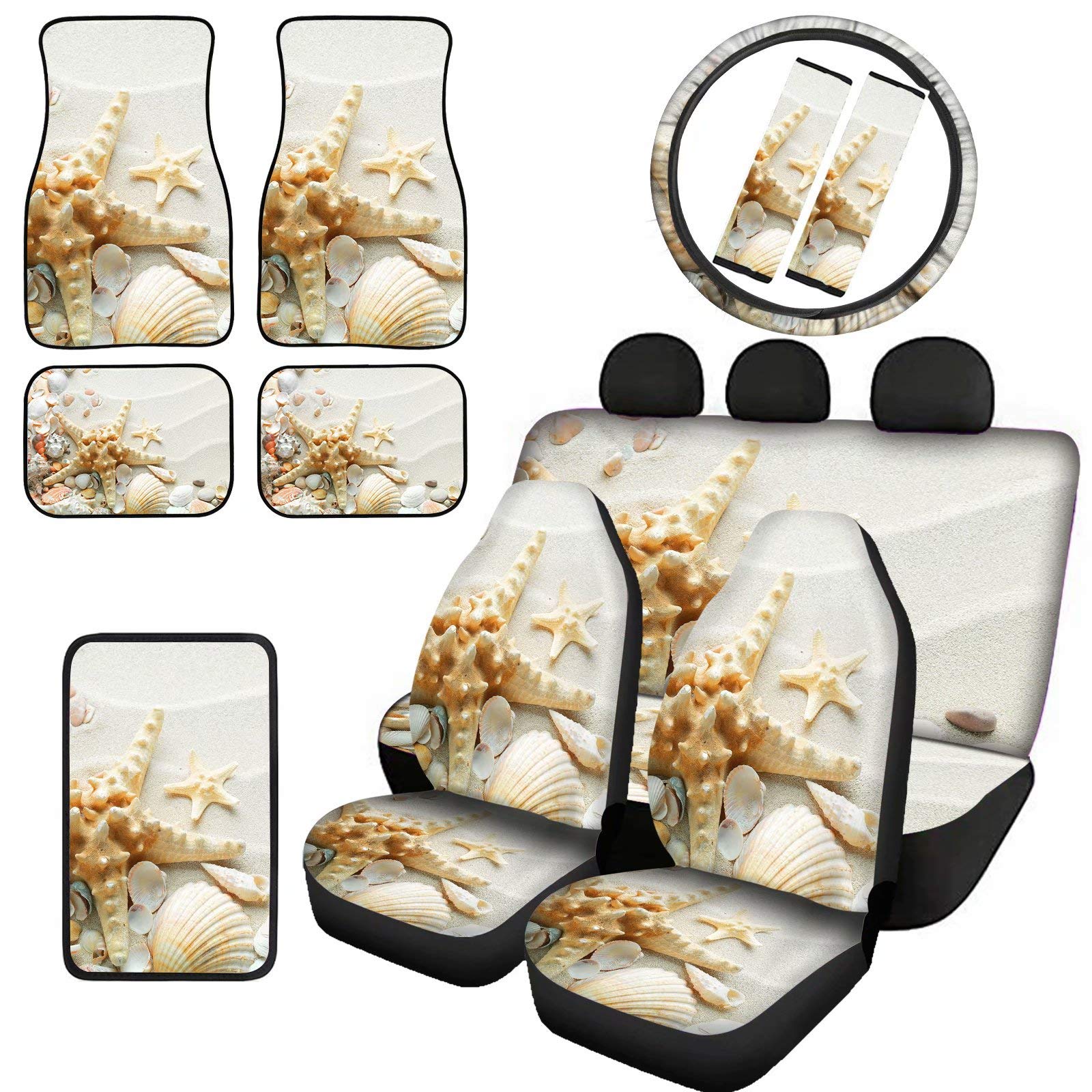 Premium 11-Piece Car Seat Protector Set - Starfish Beach Design Front & Back Seat Covers with Steering Wheel Cover, Seat Belt Pads, Floor Mats & Armrest Cushion | Ultimate Comfort & Protection for Cars, SUVs & Minivans | Perfect for Beach Trips, Family Road Trips & Daily Commute