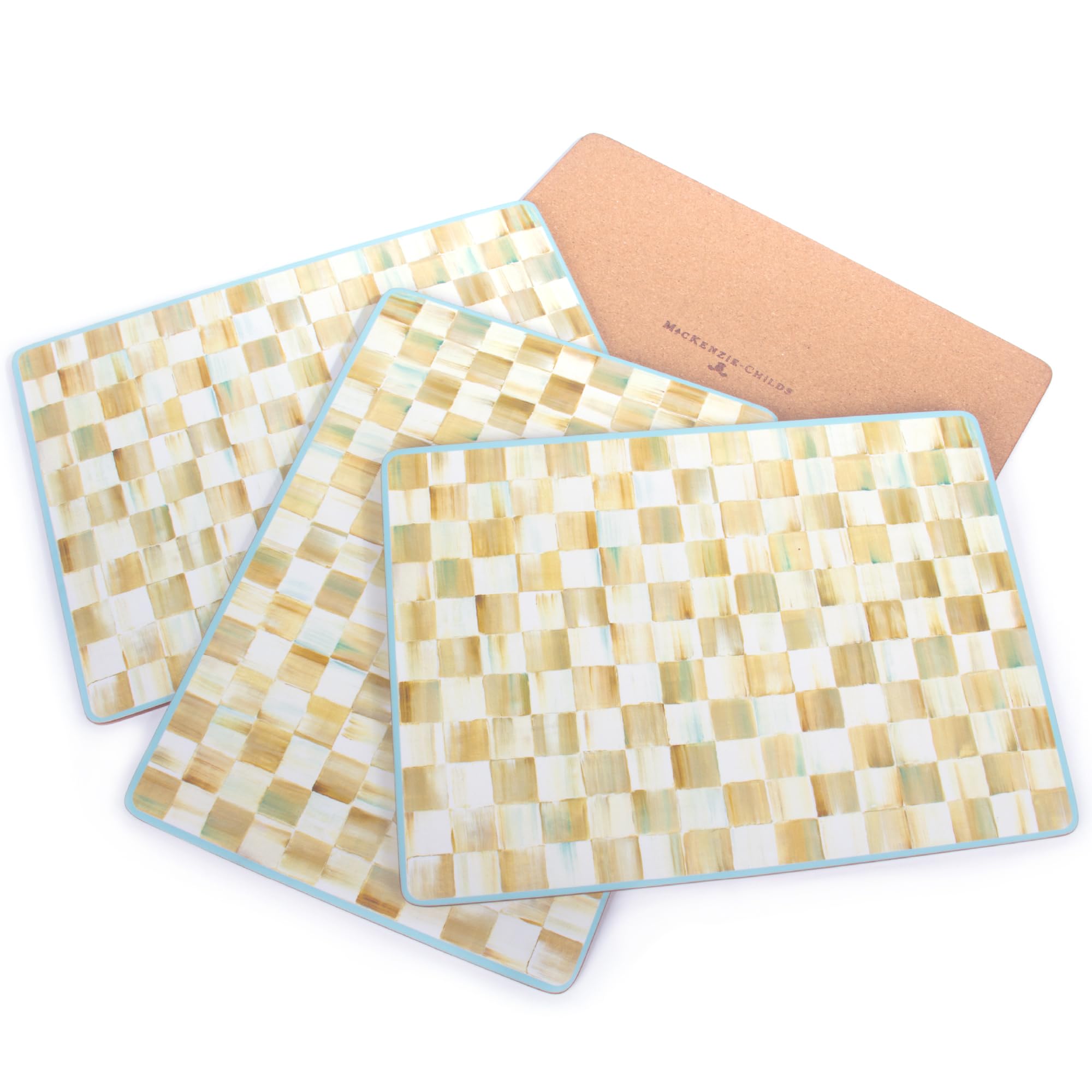 MACKENZIE-CHILDS Cork-Back Washable Placemats Set of 4 - Yellow and Cream Parchment Check Pattern Table Mats for Dining Room, Kitchen, and Party Decor