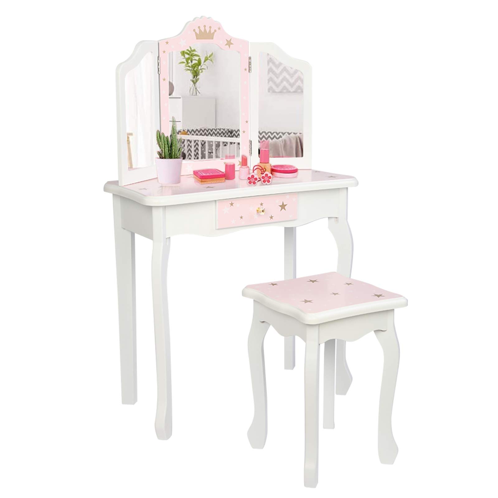 Princess Vanity Set for Girls 4-9 - Wooden Makeup Table with Mirror & Stool - Perfect for Bedroom Play & Dress-Up