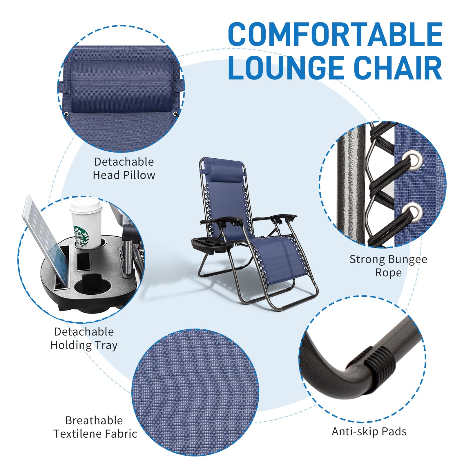 Bonnlo Infinity Zero Gravity Chair - Adjustable Folding Recliner with Pillow & Utility Tray - Outdoor Lounge Patio Chairs for Deck, Beach, Yard, Camping - Perfect for Relaxing, Sunbathing & Backyard Lounging (Blue, Pack of 2)