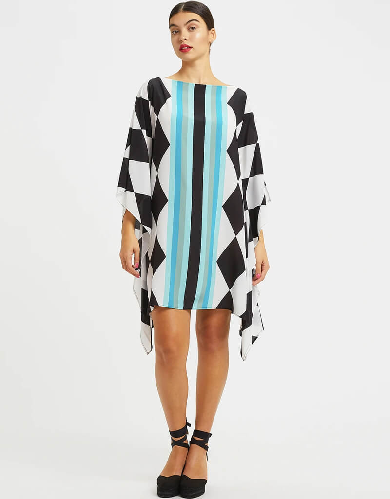 Luxury Black and White Silk Crepe Kaftan Dress - Elegant Soft Flowy Maxi Robe for Women - Perfect for Beach Cover Up, Resort Wear, and Evening Parties