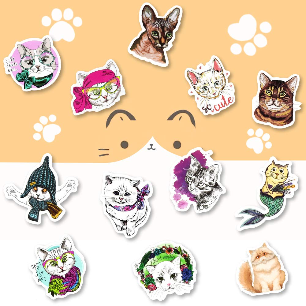 50 Pcs Cute Cat Stickers for Kindle, Kids, Water Bottles, Scrapbook, Laptop - Waterproof Vinyl Decals for School, Office & Home Decor