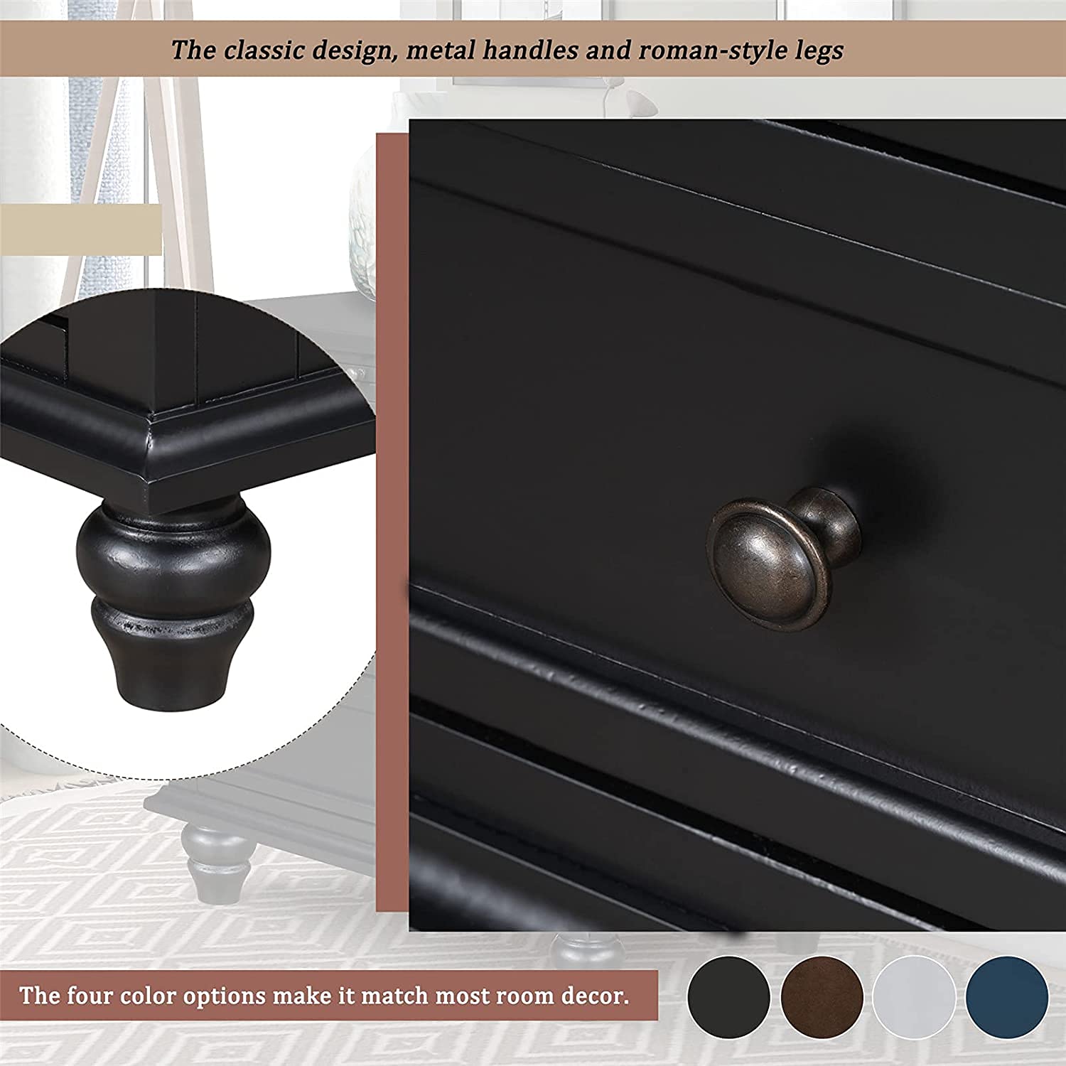 Black Wood 3-Drawer Dresser Nightstand with Pull-Out Tray - Bedroom & Living Room Furniture