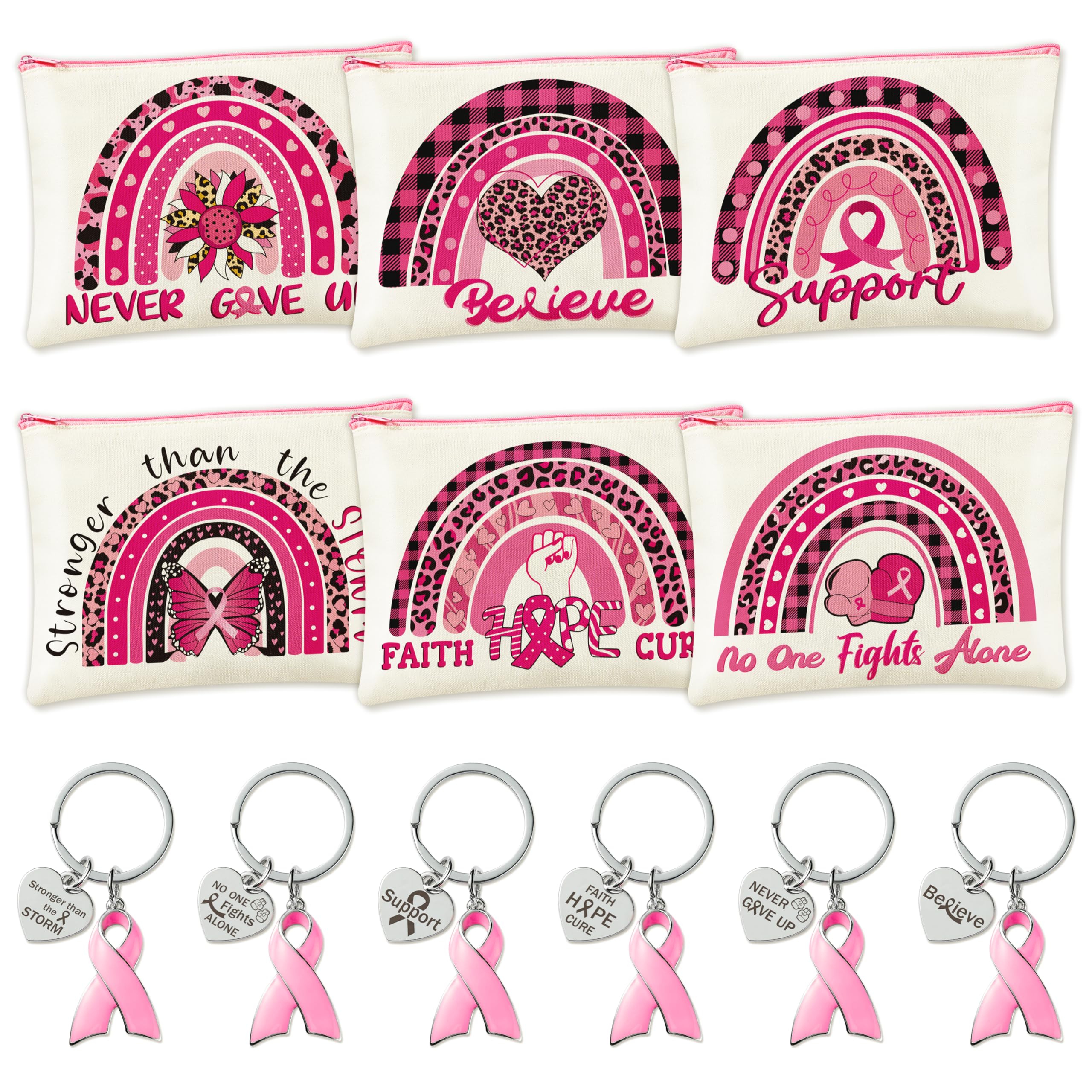 12PCS Breast Cancer Awareness Gift Set - 6 Boho Rainbow Makeup Bags & 6 Pink Ribbon Keychains - Inspirational Survivor Gifts for Women - Perfect for Fundraisers, Support Groups & Awareness Events
