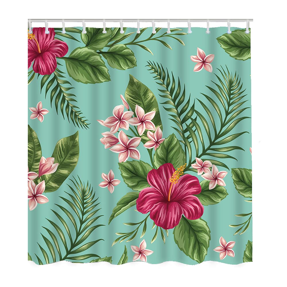WONDERTIFY Tropical Floral Shower Curtain - 72x84 Inch Waterproof Bathroom Decor with Hawaiian Plumeria & Hibiscus Print, Exotic Jungle Palm Leaf Design - Perfect for Beach House, Vacation Rental or Boho Bathroom Makeover