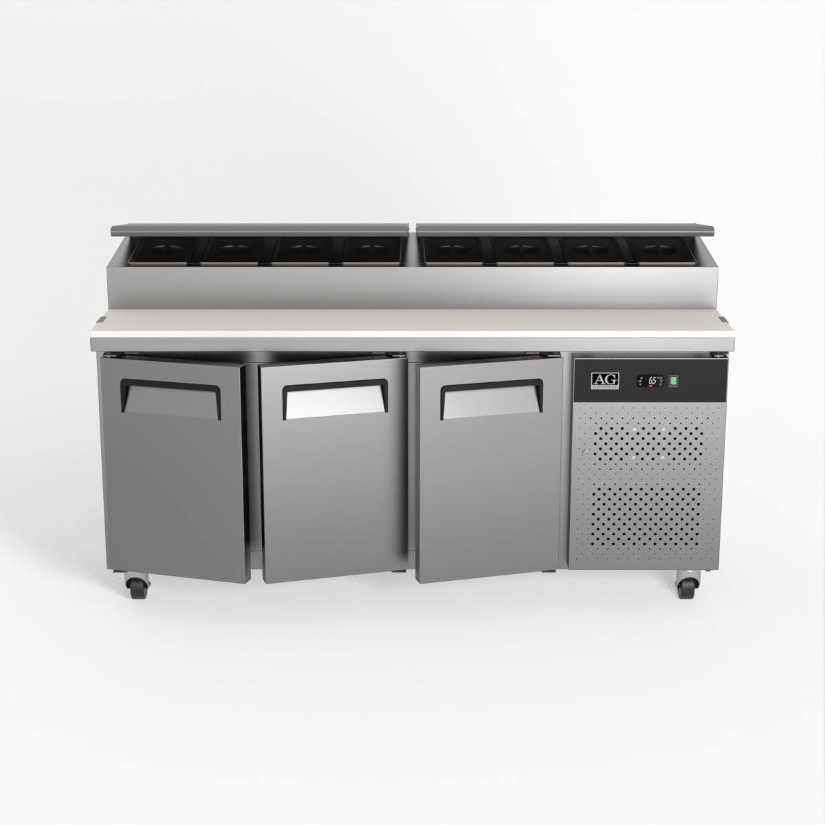 AG 3 Door Commercial Saladette Refrigerator - Holds 8 x 1/3 GN Food Storage Trays - Perfect for Restaurants, Delis & Catering Businesses