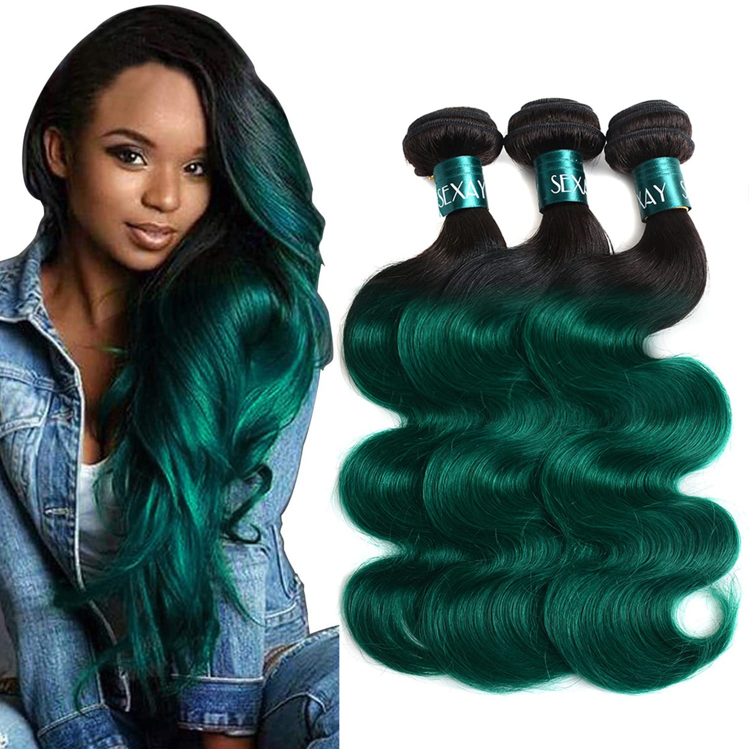 1B/Green 10A Brazilian Ombre Body Wave Virgin Hair Extensions - 3 Bundles 100% Human Hair Weave (18 20 22 Inch) - T1B/Green Remy Hair for Length & Volume - Perfect for Parties, Weddings & Daily Styling