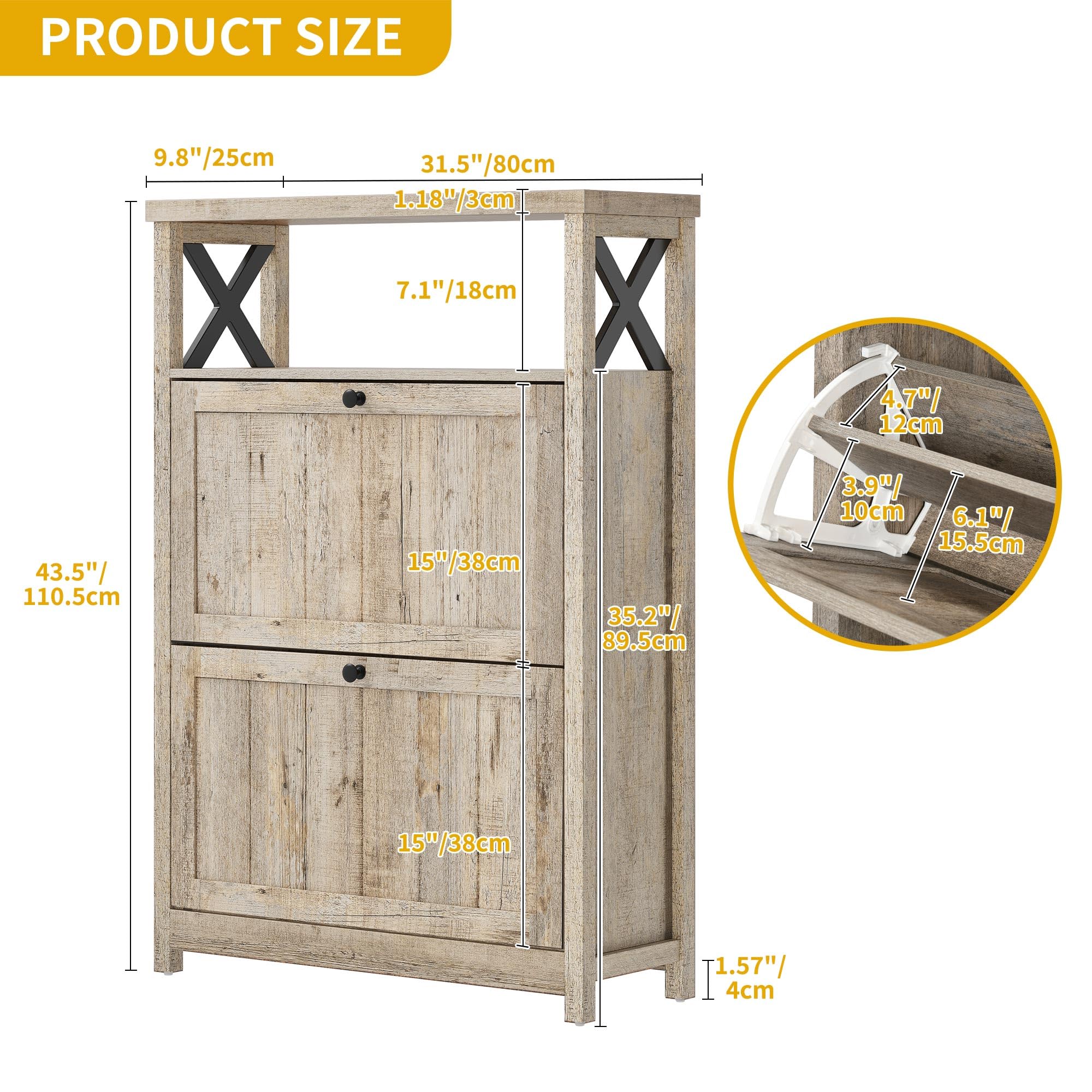 DWVO White Shoe Cabinet with 2 Flip Drawers - Free Standing Hidden Narrow Shoe Storage Organizer for Entryway, Hallway, Closet | Space Saving Shoe Rack for Small Spaces, Old Oak Finish | Perfect for Apartments, Dorms & Home Organization