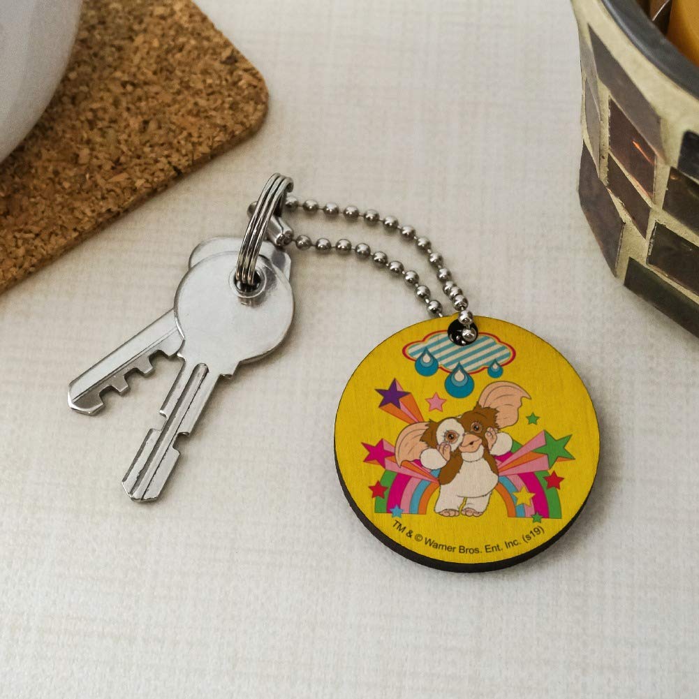 Gremlins Gizmo Rainbow Wooden Round Keychain - Cute Movie Character Key Ring for Fans & Collectors - Perfect for Keys, Bags & Gifts