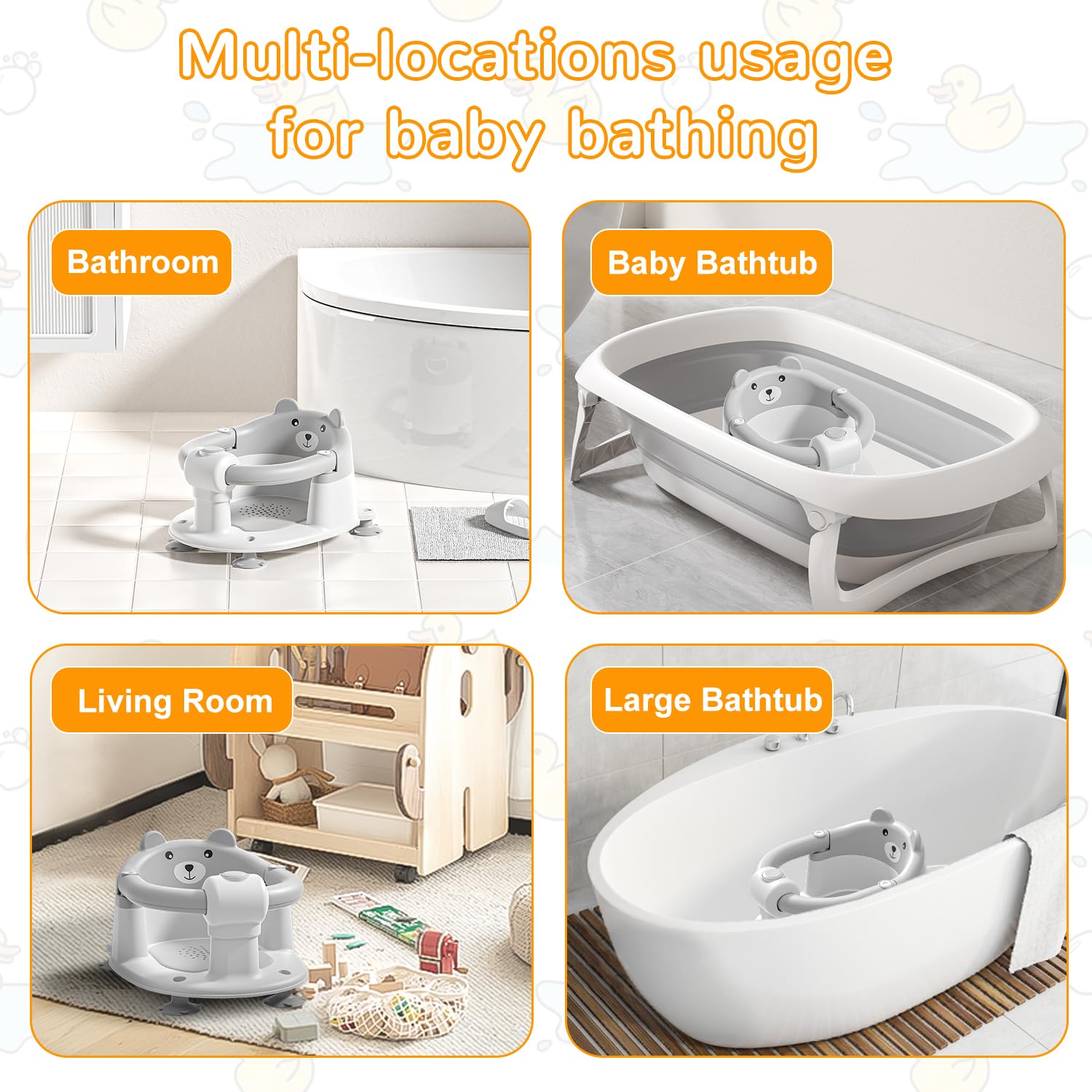 **Non-Slip Baby Bath Seat for Infants 6+ Months – Safe Toddler Bathtub Chair with 4 Suction Cups & Soft Cushion – Gray – Perfect for Newborns Learning to Sit Up in Shower or Tub**