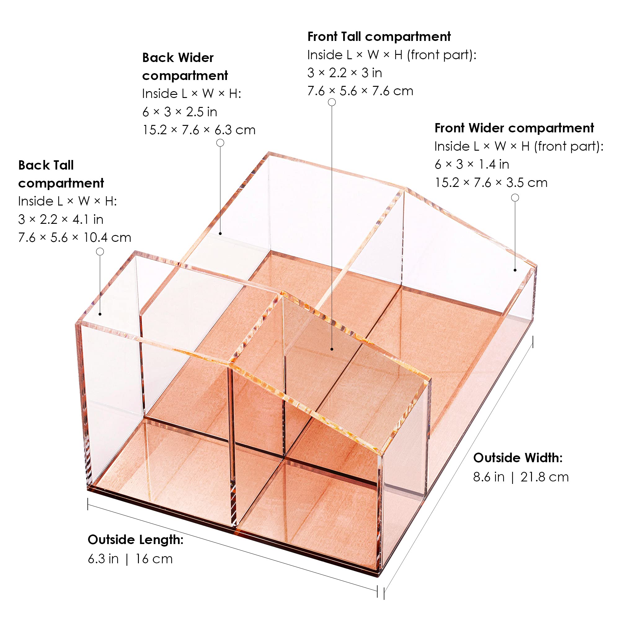 Clear Acrylic Makeup Brush Holder with Rose Gold Base - 4 Compartment Cosmetic Organizer for Vanity, Bathroom & Office Desk - Perfect for Makeup Storage, Classroom Supplies & Home Organization Accessories