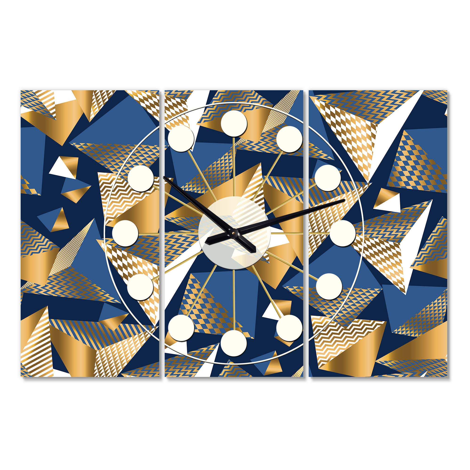 Designart Gold and Blue Cubes Mid-Century Modern 3 Panel Wall Clock - Metal Wall Art Decor for Living Room, Bedroom, Office | Stylish Home Decoration & Unique Gift Idea