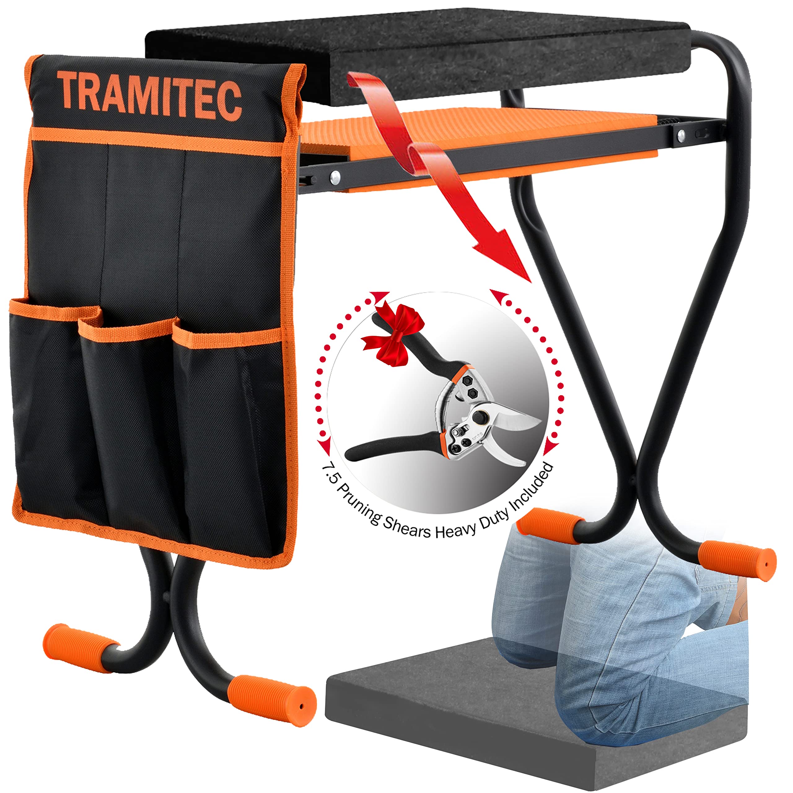 TRAMITEC Foldable Garden Kneeler and Stool with Tools Pouch & Ultra-Soft Pad - 7.5