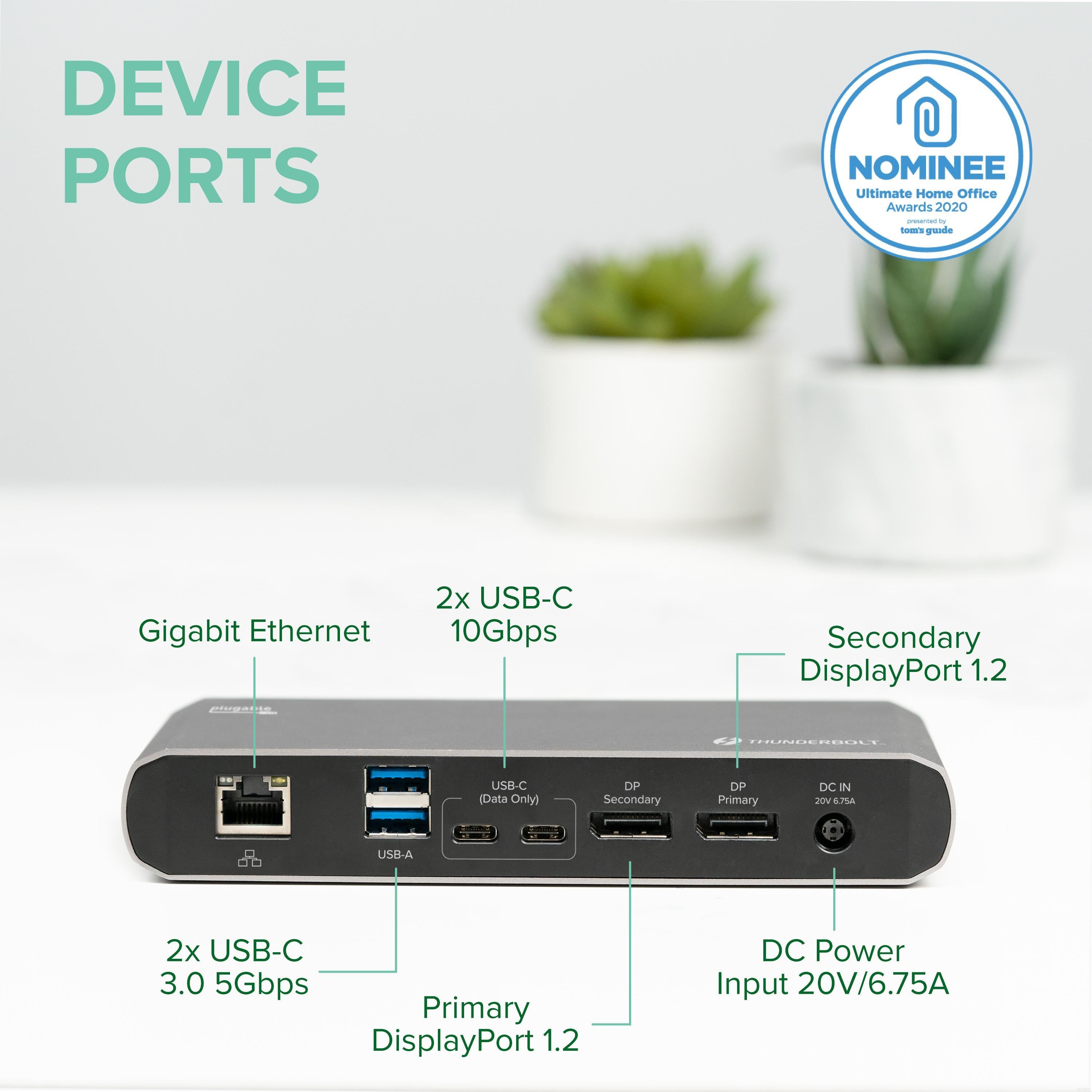 Plugable Thunderbolt™ & USB C Dual Monitor Docking Station with 60W Laptop Charging - Ideal for Home Office & Multi-Screen Workstations