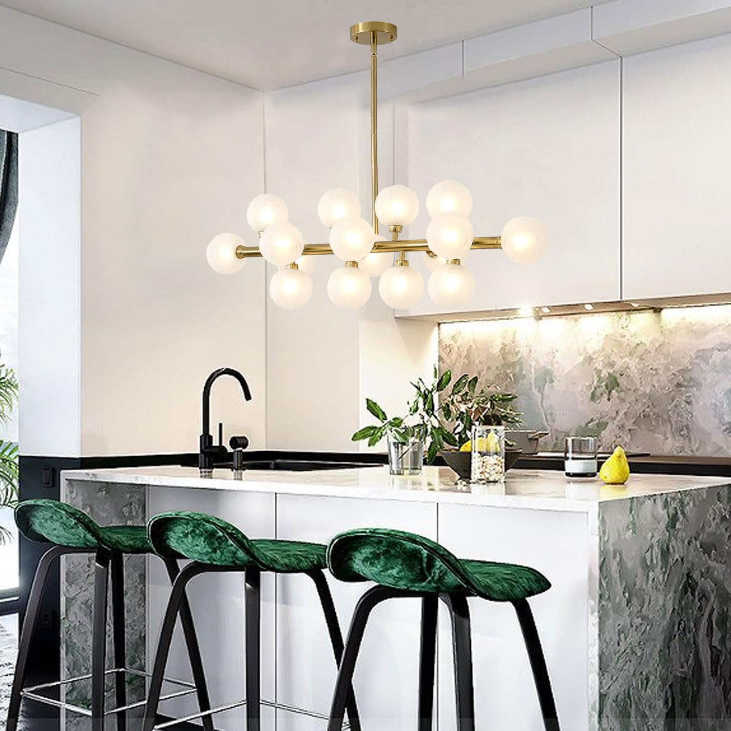 Modern Gold Bubble Linear Chandelier - 16 Light Hanging Pendant Fixture for Dining Room, Kitchen Island & Table Lighting | Copper & White Glass Design | Perfect for Contemporary Home Decor & Restaurant Ambiance