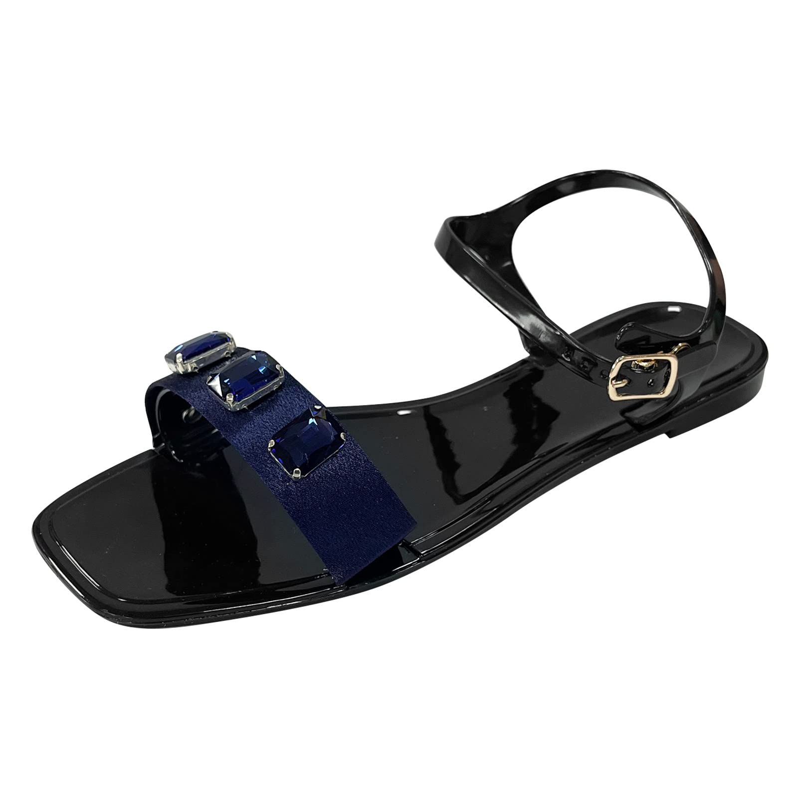 Women's Flat Toe Summer Casual Sandals - Bright Blue Open-Toe Fashion Shoes with Diamond Accents & Furry Slipper Design (Size 6.5) | Perfect for Beach, Vacation, and Everyday Comfort Wear