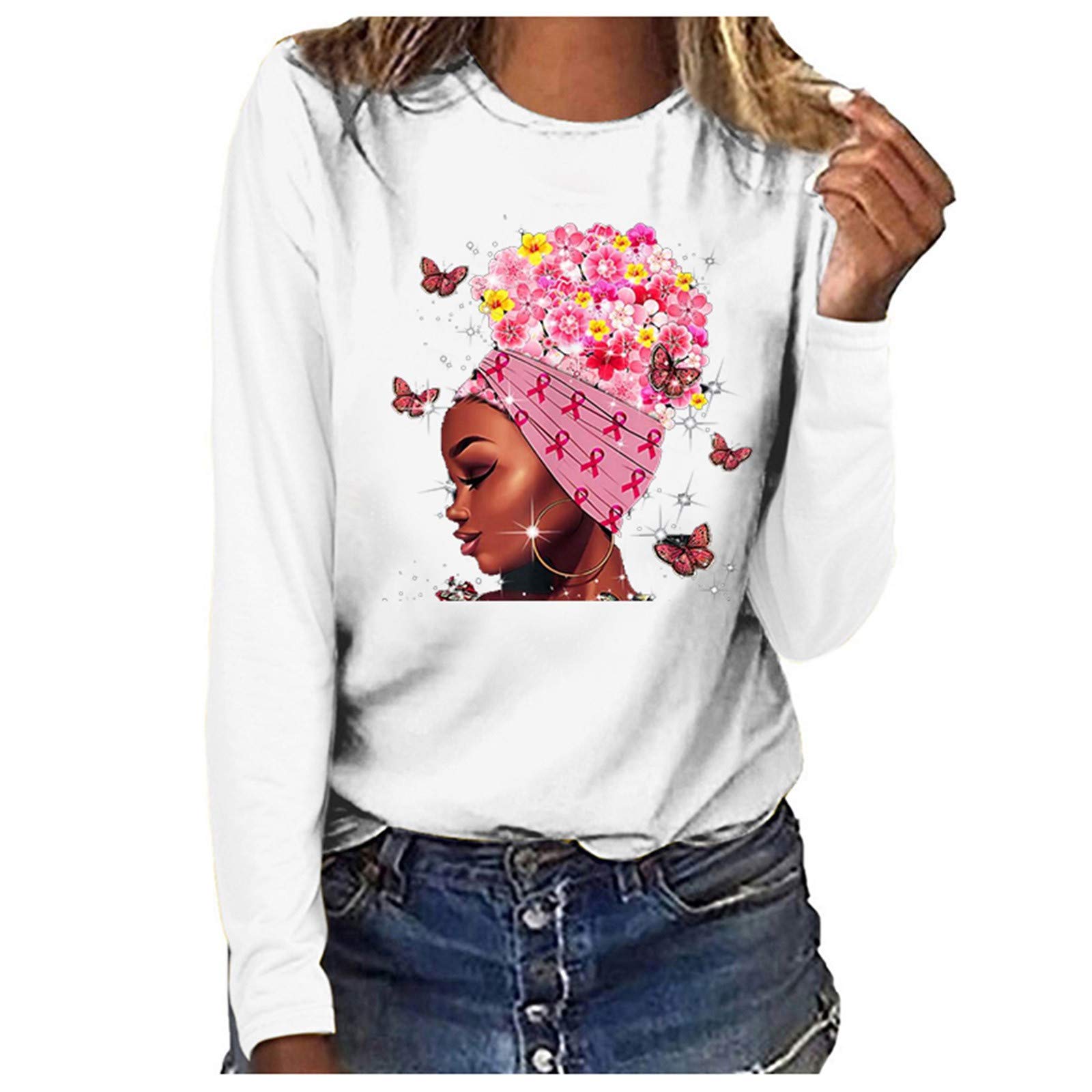 SCKARLE Women's Pink Ribbon Breast Cancer Awareness Sweatshirt - Long Sleeve Printed Pullover Crewneck Top for Casual Wear & Charity Support - Perfect for Fundraising Events, Survivor Apparel, and Everyday Comfort