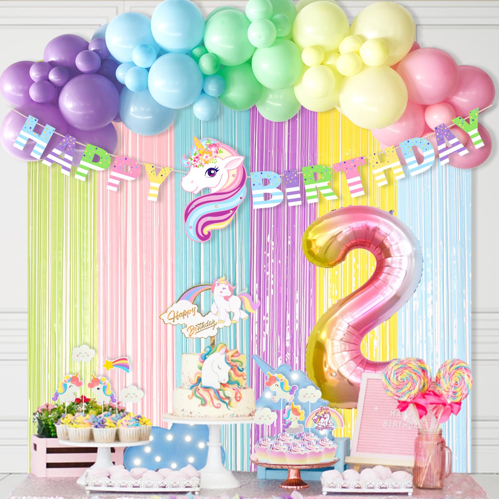 Unicorn 2nd Birthday Party Decorations for Girls - Rainbow Balloon Garland, No.2 Foil Balloon & Macaron Tinsel Curtains - Complete 2nd Birthday Party Supplies Kit for Toddler Girls Birthday Celebration
