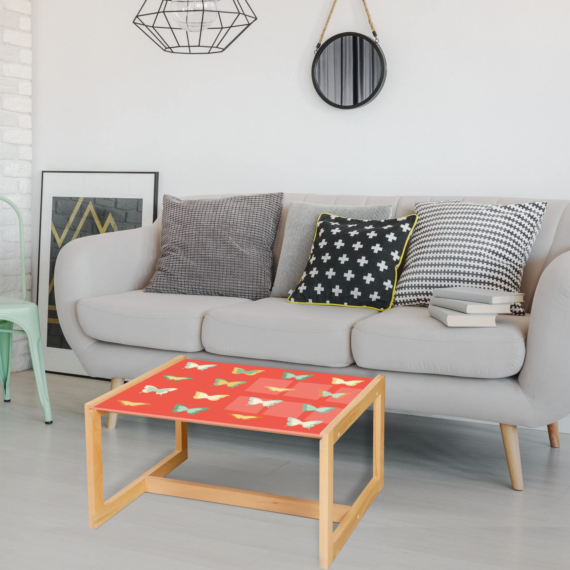 Ambesonne Retro Coffee Table with Dainty Butterflies on Tangerine Background - Acrylic Glass Center Table with Wooden Frame for Office, Dorm, Living Room - Medium Size in Burnt Sienna & Laurel Green - Perfect for Home Decor, Small Spaces & Gift Giving