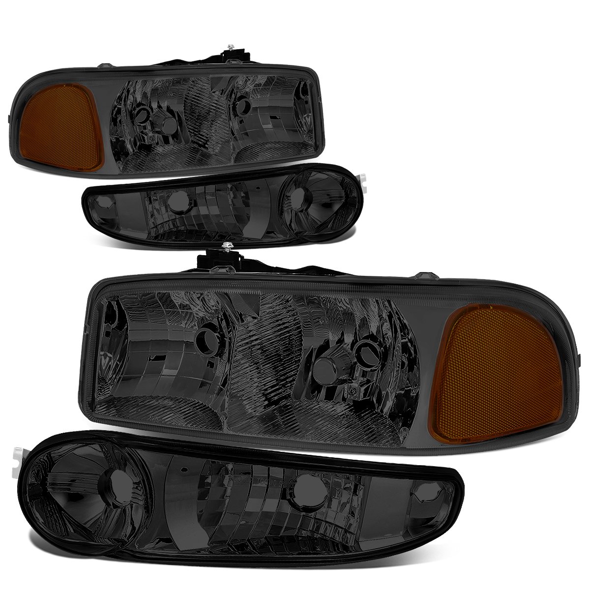 Auto Dynasty Headlight Assembly Replacement for 2001-2007 GMC Sierra Yukon XL 1500 Denali/Classic - 4-Piece Halogen Headlamps with Smoked Lens & Amber Corner Lights (Driver & Passenger Side) - Perfect for Night Driving & Off-Road Adventures
