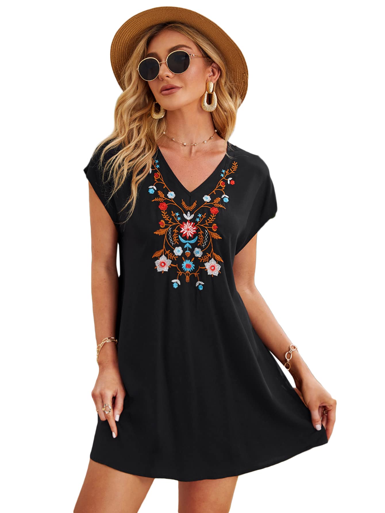 Romwe Women's Floral Embroidery Tunic Dress - Short Sleeve V-Neck T-Shirt Dress for Summer, Casual Wear, Beach Cover Up and Vacation Outfits