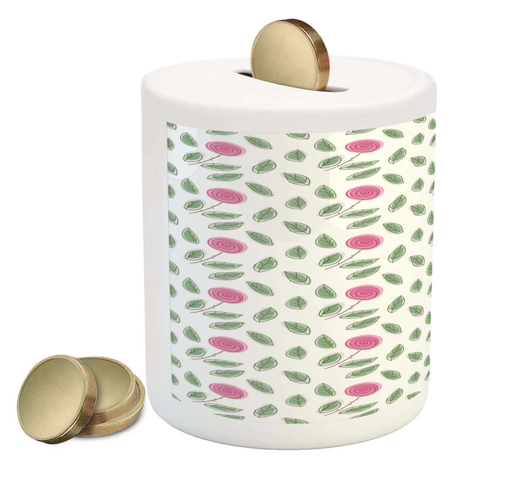 Ambesonne Ceramic Piggy Bank with Pink Rose Blossoms & Spiral Design - Modern Money Saving Box for Cash & Coins - Perfect Gift for Kids, Teens & Home Decor (Pink, Green, White)