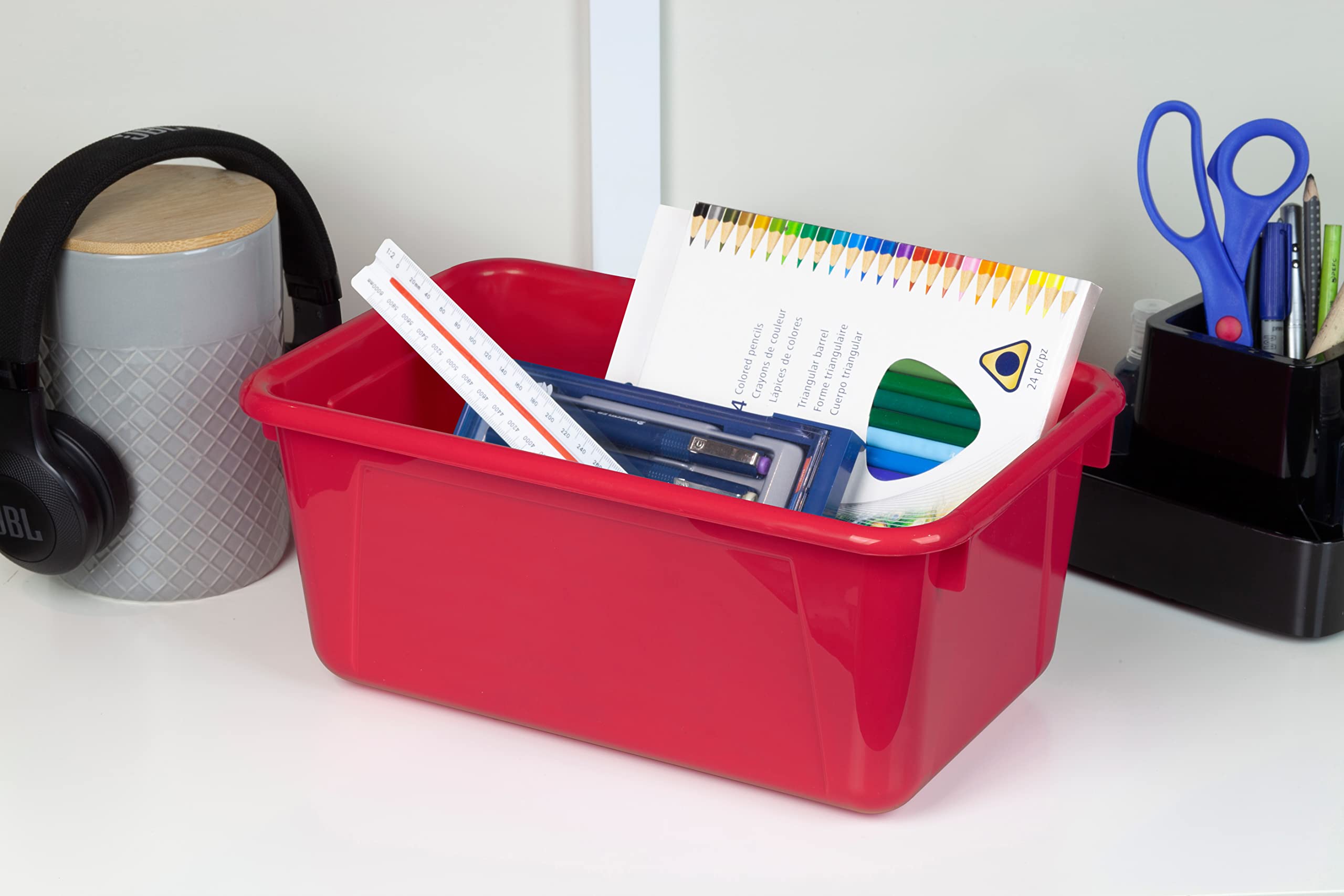 Storex Small Plastic Storage Bins 5-Pack - 12.2 x 7.8 x 5.1 Inches Classroom Organizers, Red Cubby Containers for School Supplies, Toys & Craft Storage (62415A05C) - Perfect for Homeschool, Daycare & Office Organization