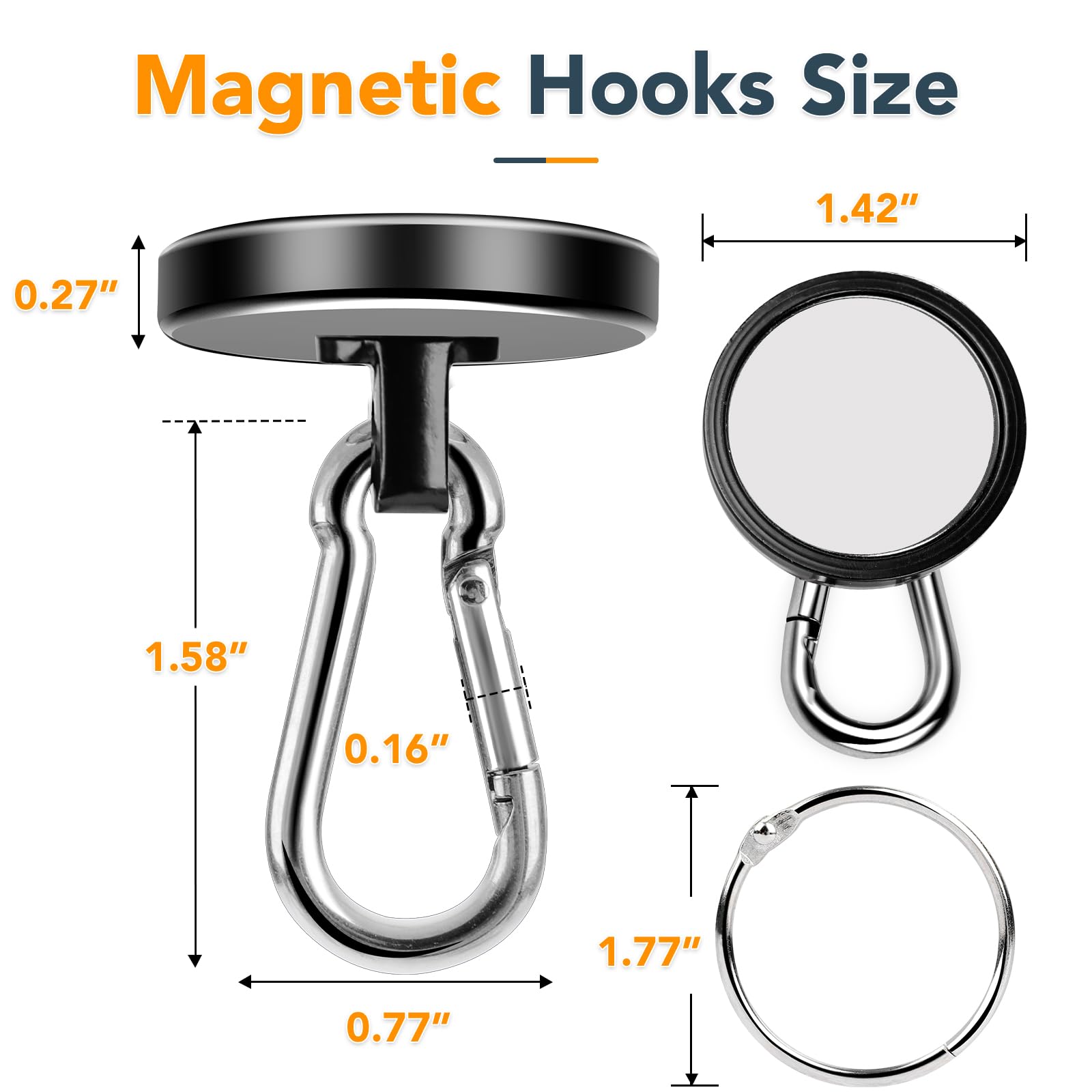 MIKEDE Heavy Duty Magnetic Hooks - 150LB Strong Neodymium Swivel Magnets with Carabiner Hooks (6 Pack) | Powerful Black Magnet Hooks for Hanging Curtains, Organizing Home & Workplace, Cruise Ship Use | Ideal for Storage, Decor & Industrial Applications